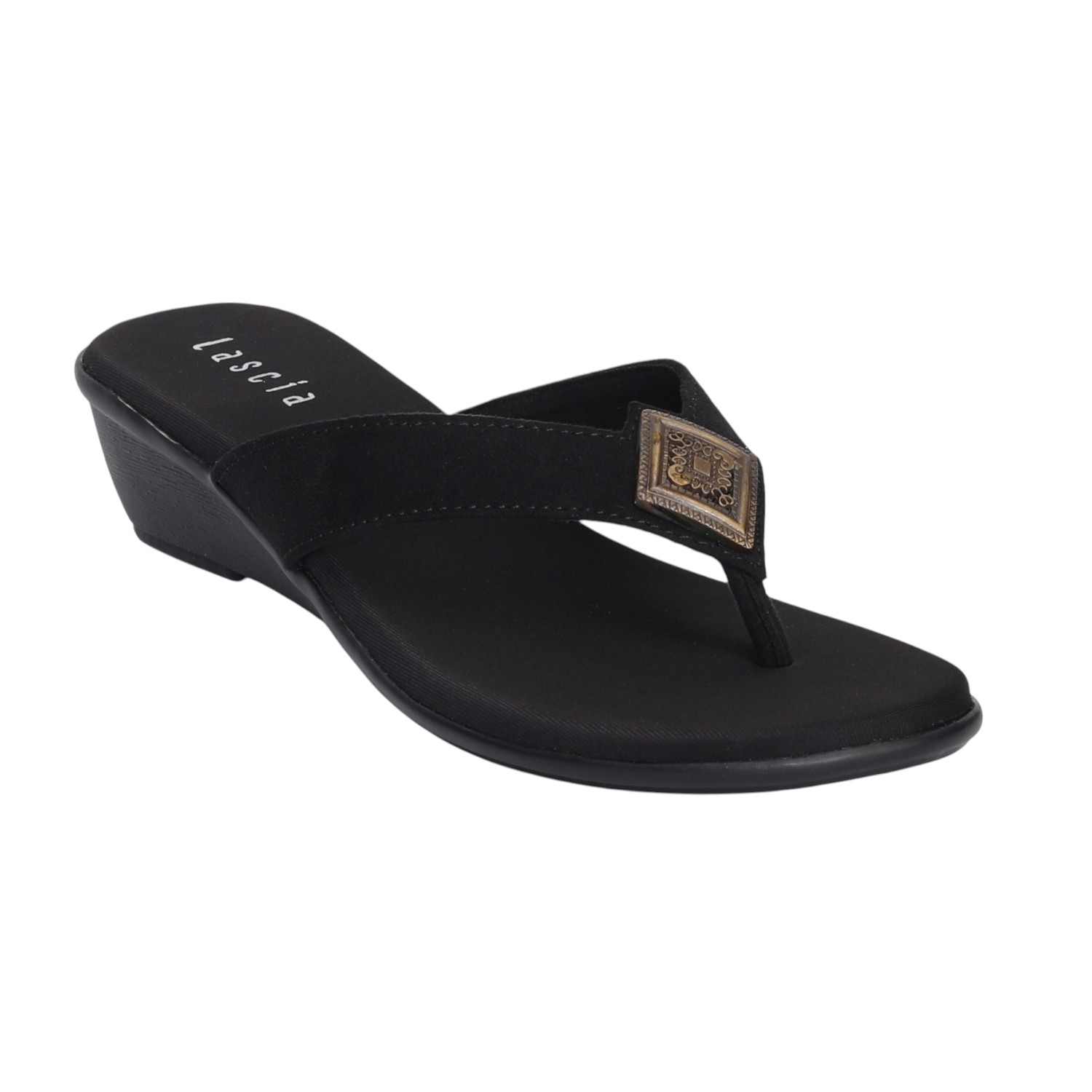 Women Black Luxe Wedge Sandals