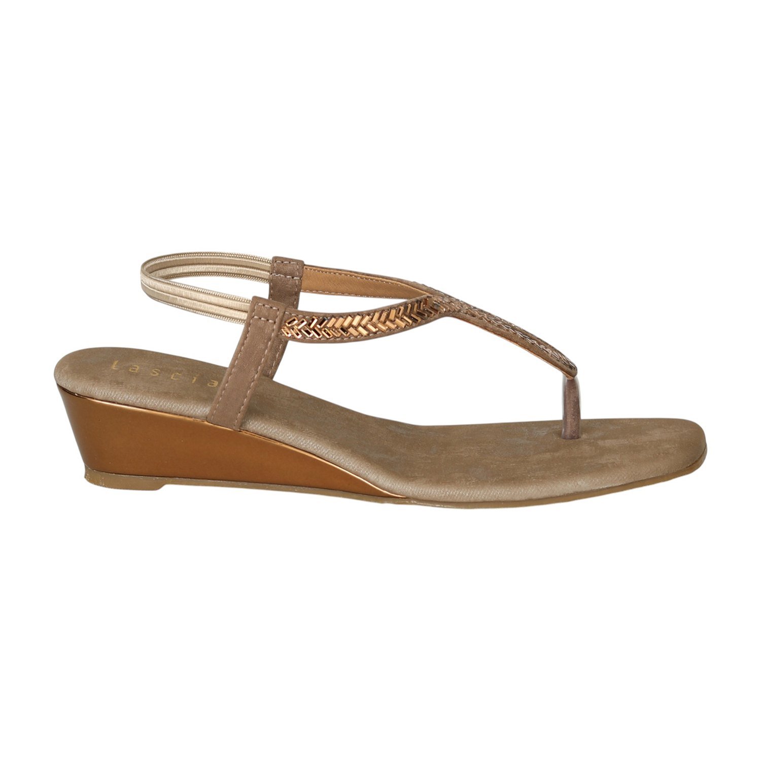 Women Golden Taupe T-Strap Wedges