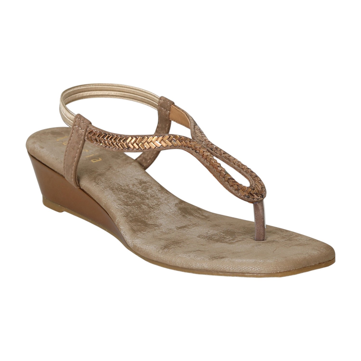 Women Golden Taupe T-Strap Wedges