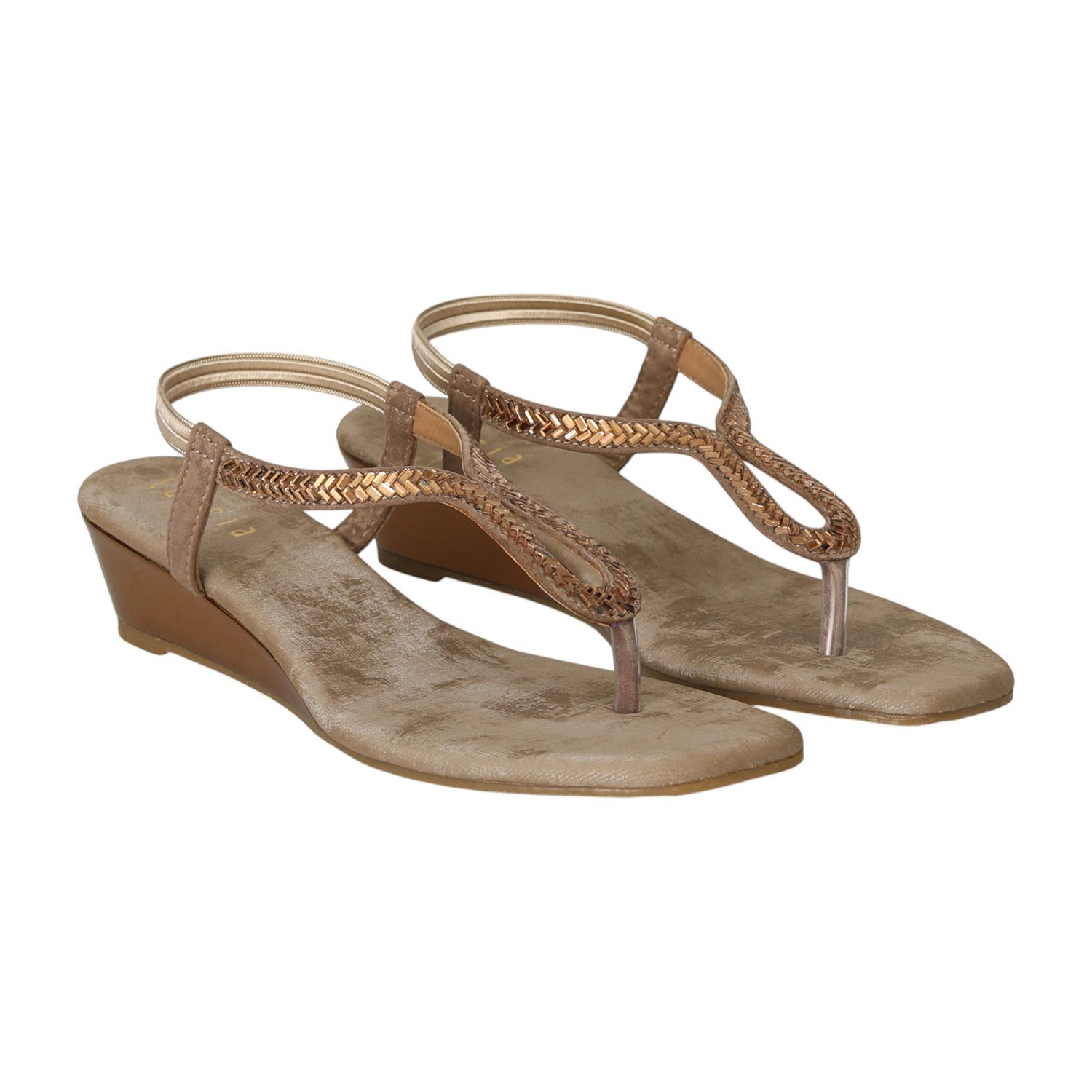 Women Golden Taupe T-Strap Wedges