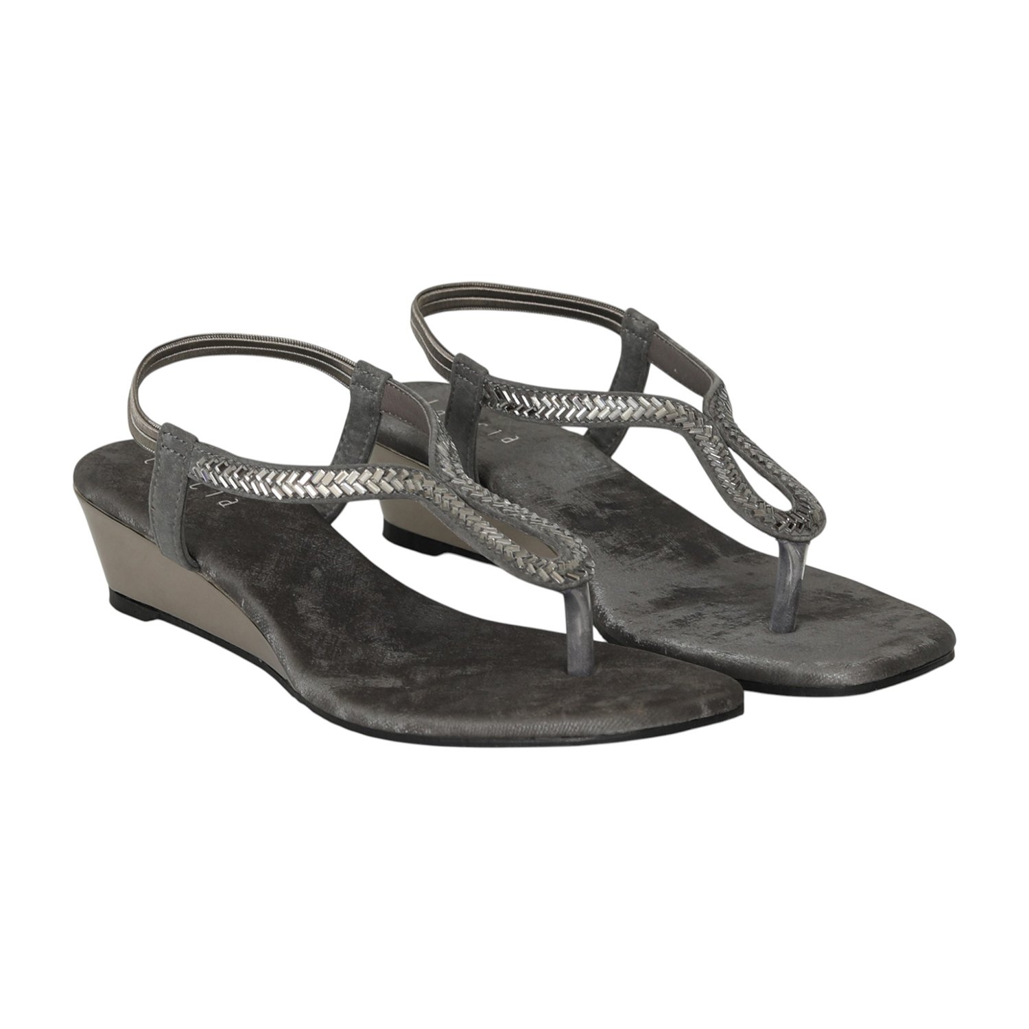 Women Silver Grey T-Strap Wedges