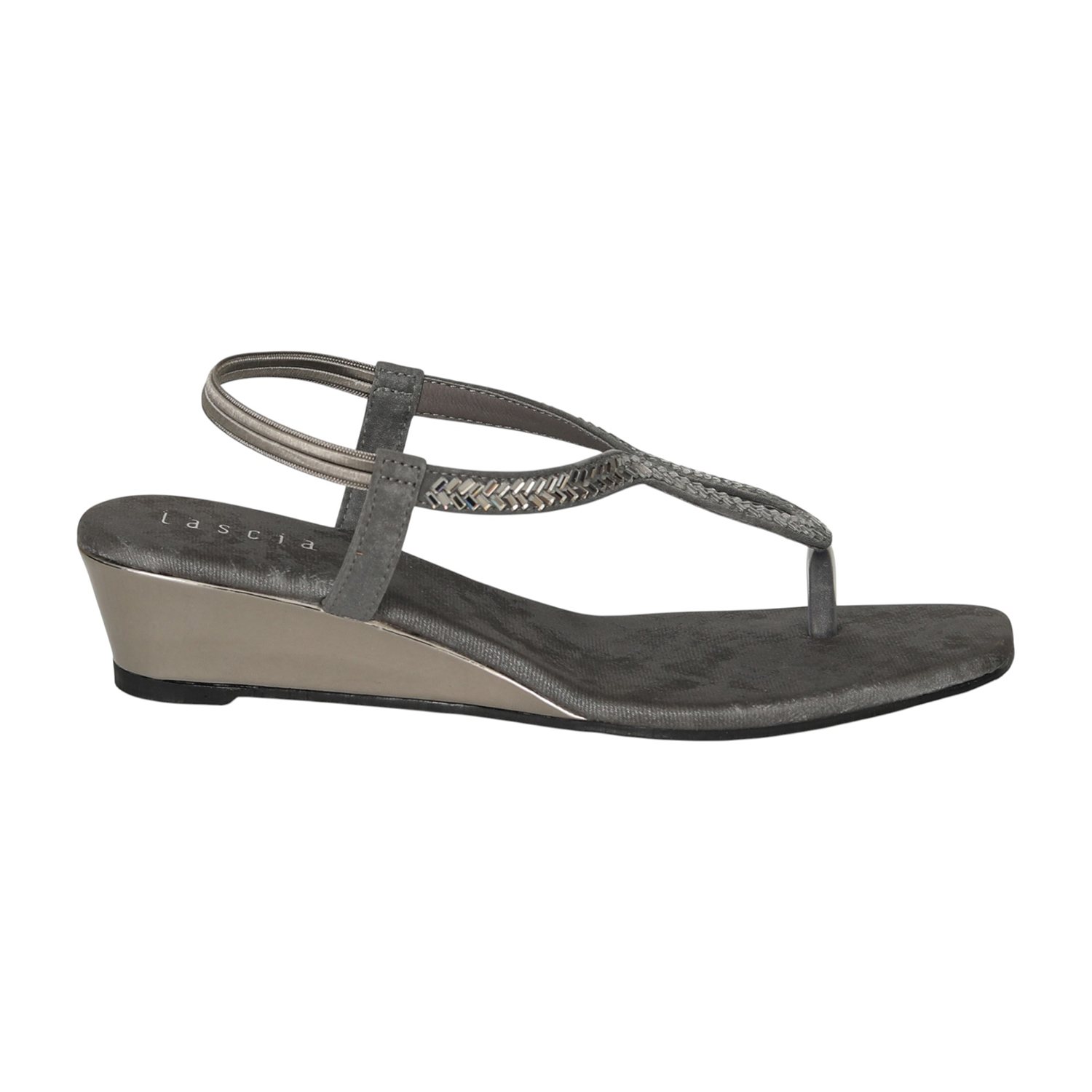Women Silver Grey T-Strap Wedges
