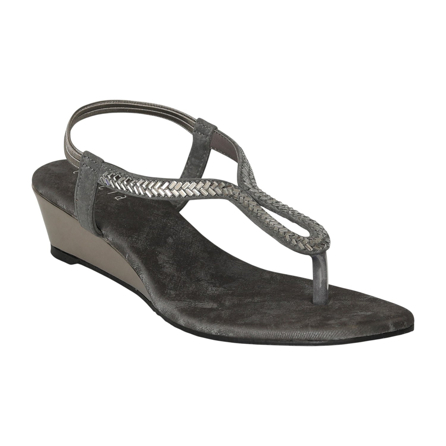 Women Silver Grey T-Strap Wedges