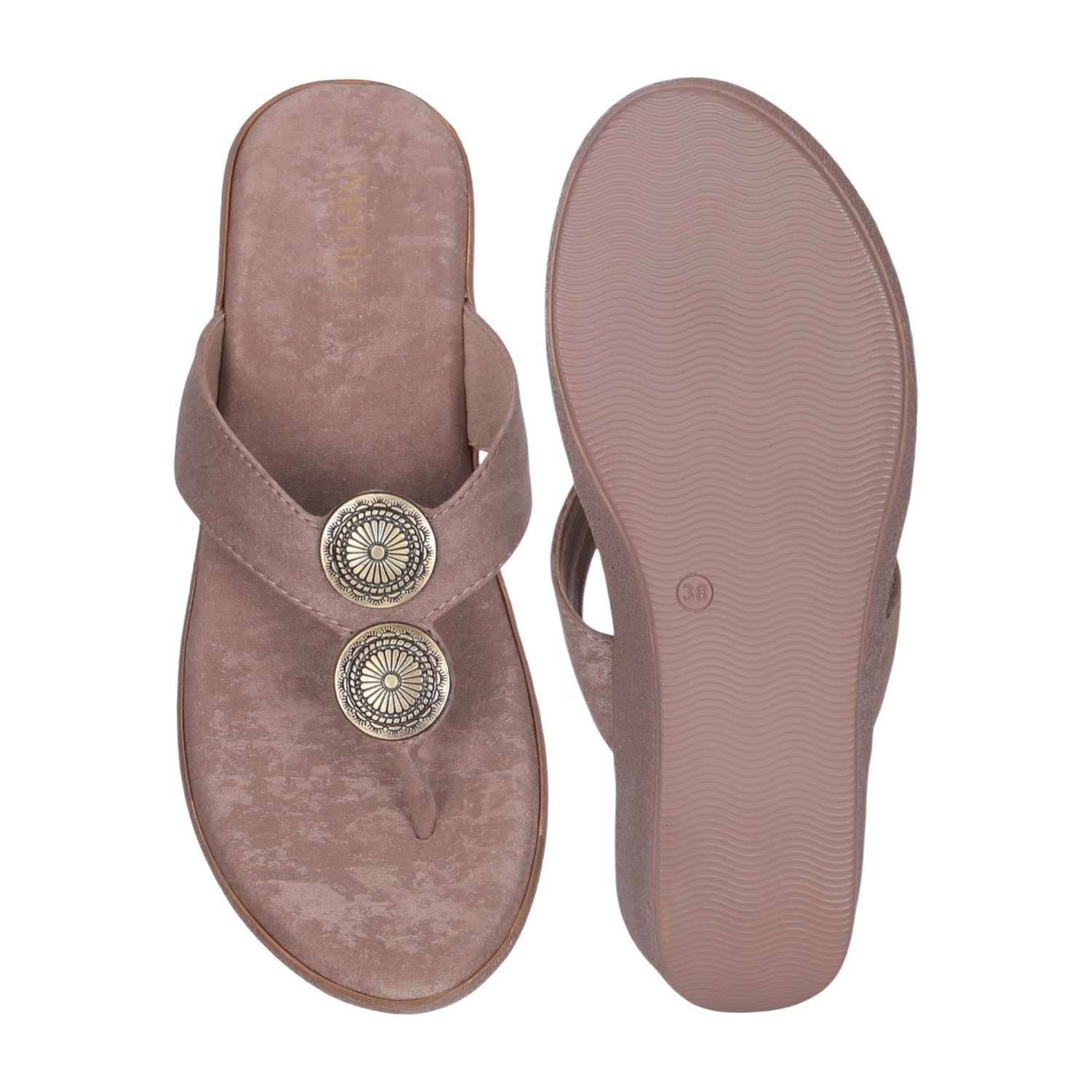 Women Comfortable Nude Wedge Thong Sandals with Embellishments
