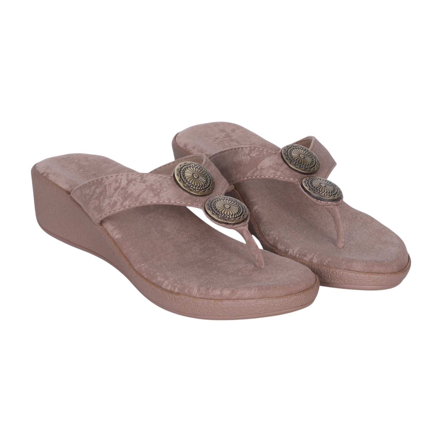 Women Comfortable Nude Wedge Thong Sandals with Embellishments