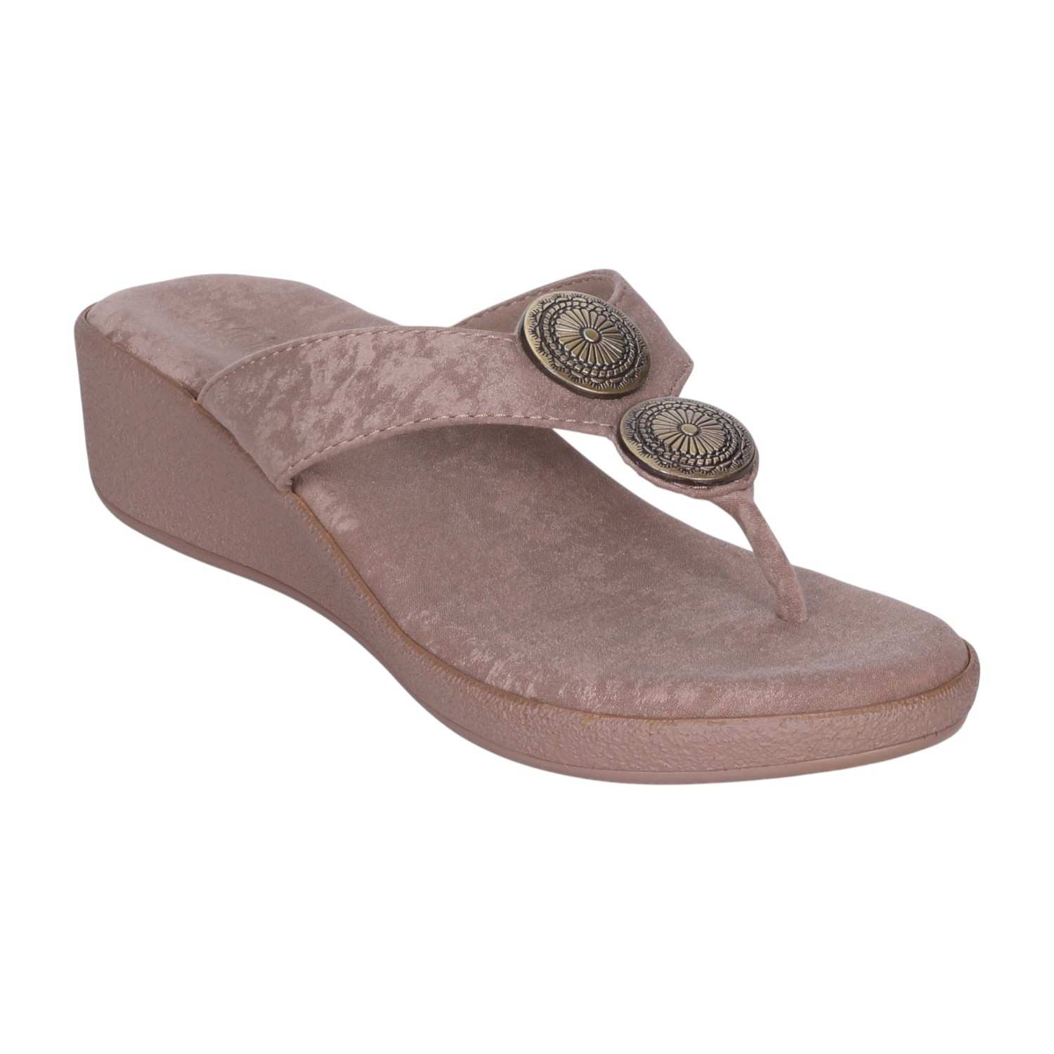 Women Comfortable Nude Wedge Thong Sandals with Embellishments