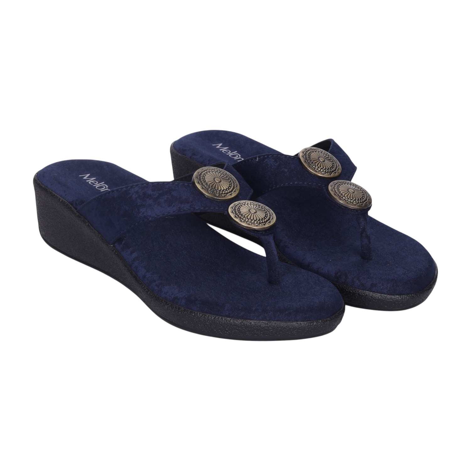 Women Comfortable Navy Wedge Thong Sandals with Embellishments
