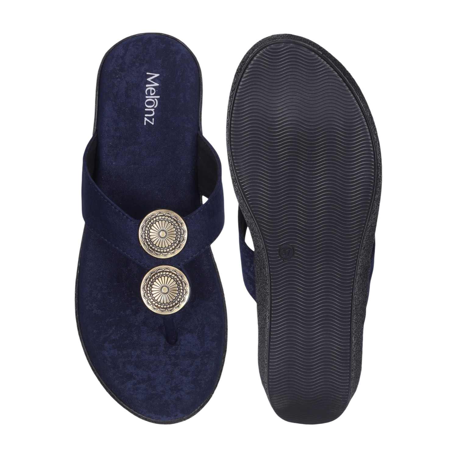 Women Comfortable Navy Wedge Thong Sandals with Embellishments