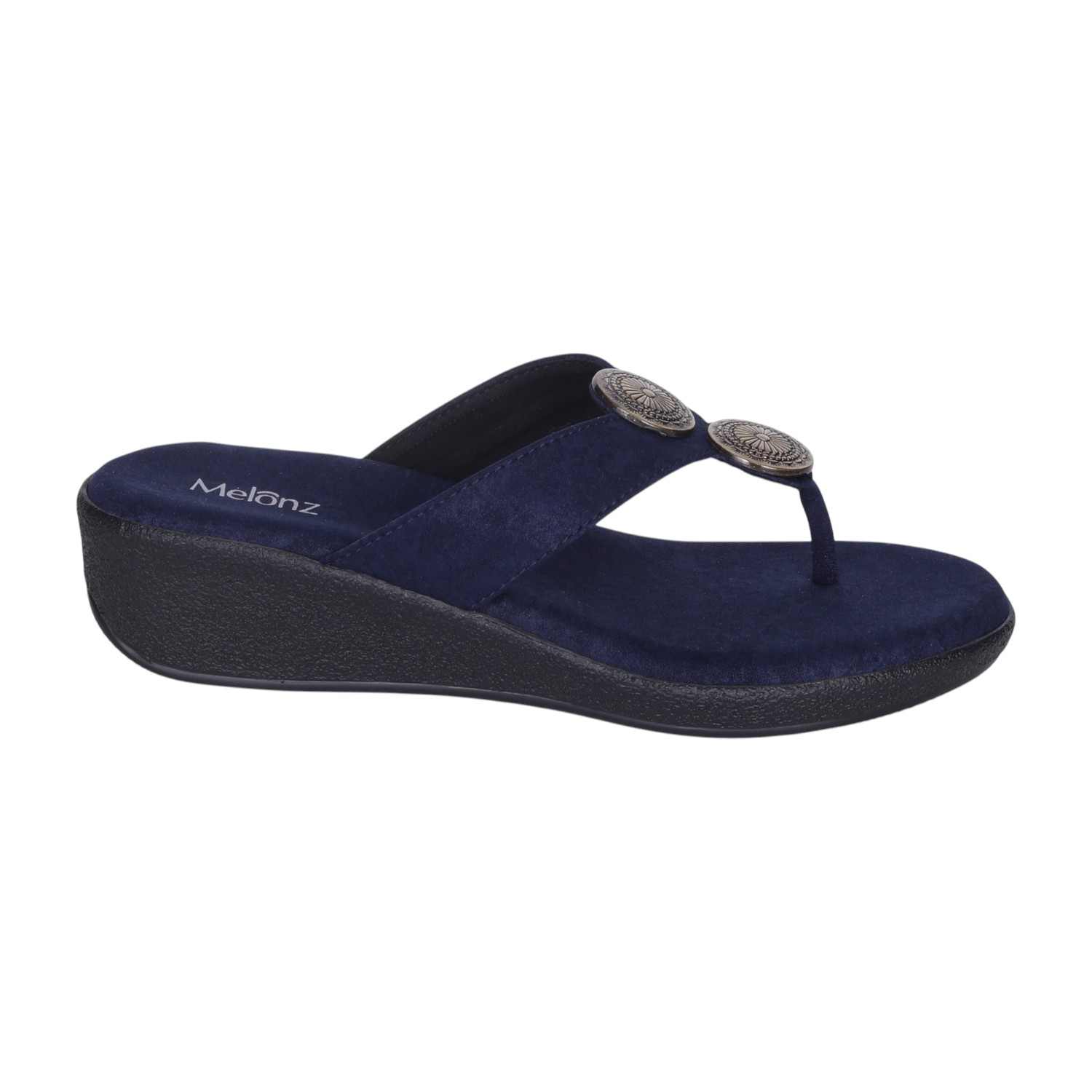 Women Comfortable Navy Wedge Thong Sandals with Embellishments
