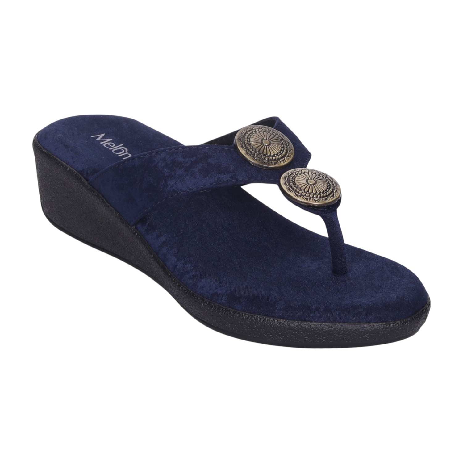Women Comfortable Navy Wedge Thong Sandals with Embellishments