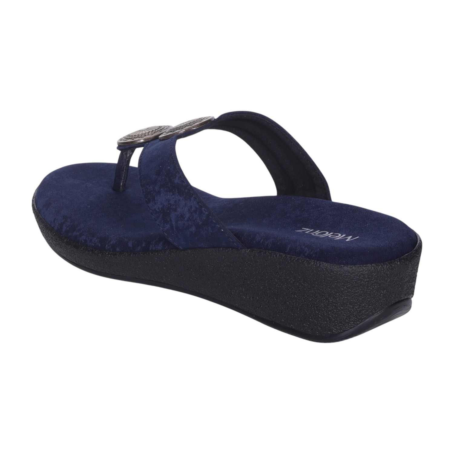 Women Comfortable Navy Wedge Thong Sandals with Embellishments