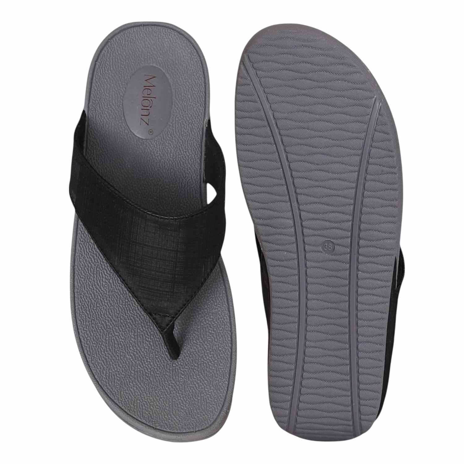 Women Black Textured Strap Thong Sandal