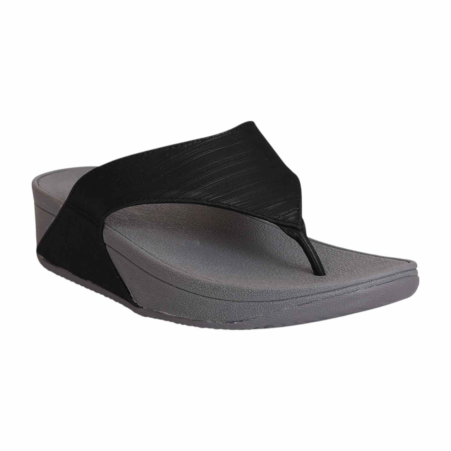 Women Black Textured Strap Thong Sandal