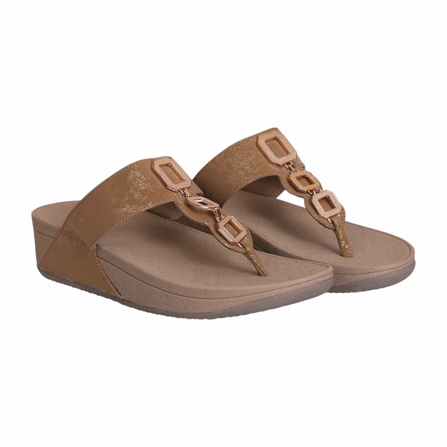 Women Tan Thong Wedge with Chain Link Embellishment
