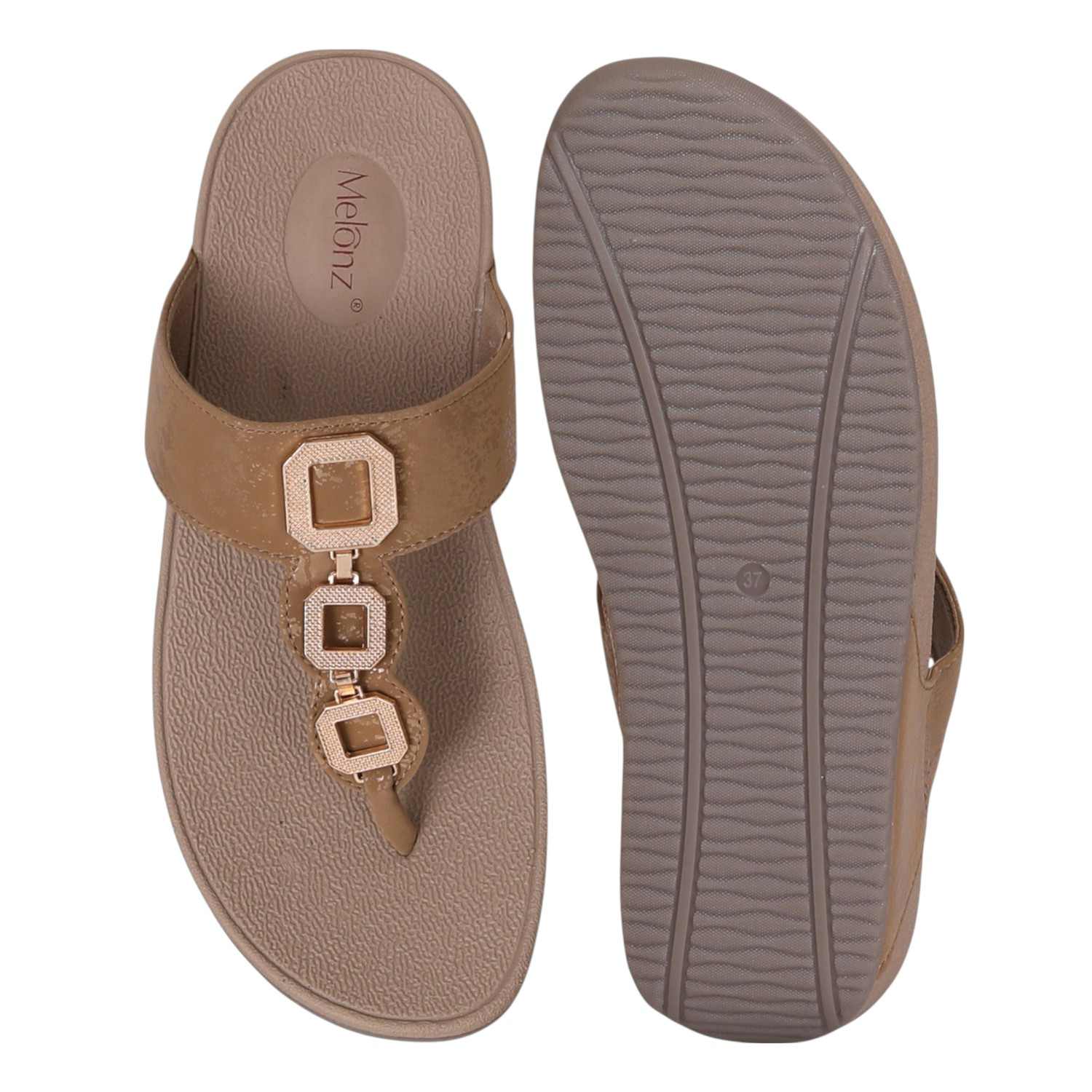 Women Tan Thong Wedge with Chain Link Embellishment