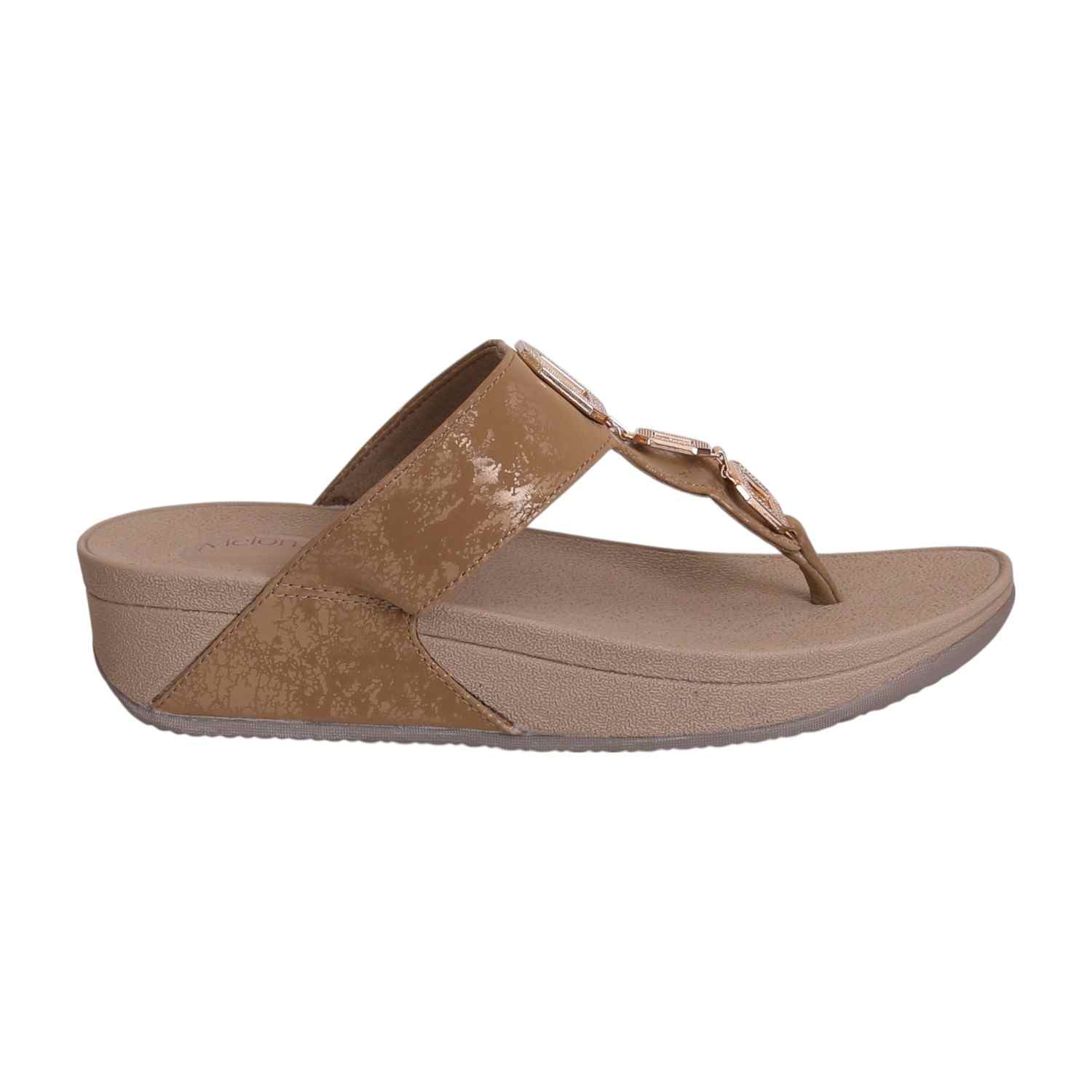Women Tan Thong Wedge with Chain Link Embellishment