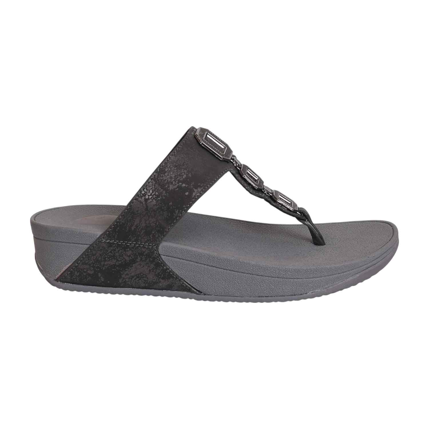 Women Gun Metal Thong Wedge with Chain Link Embellishment