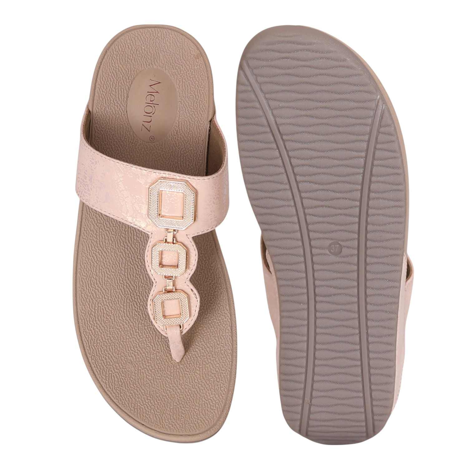 Women Peach Thong Wedge with Chain Link Embellishment