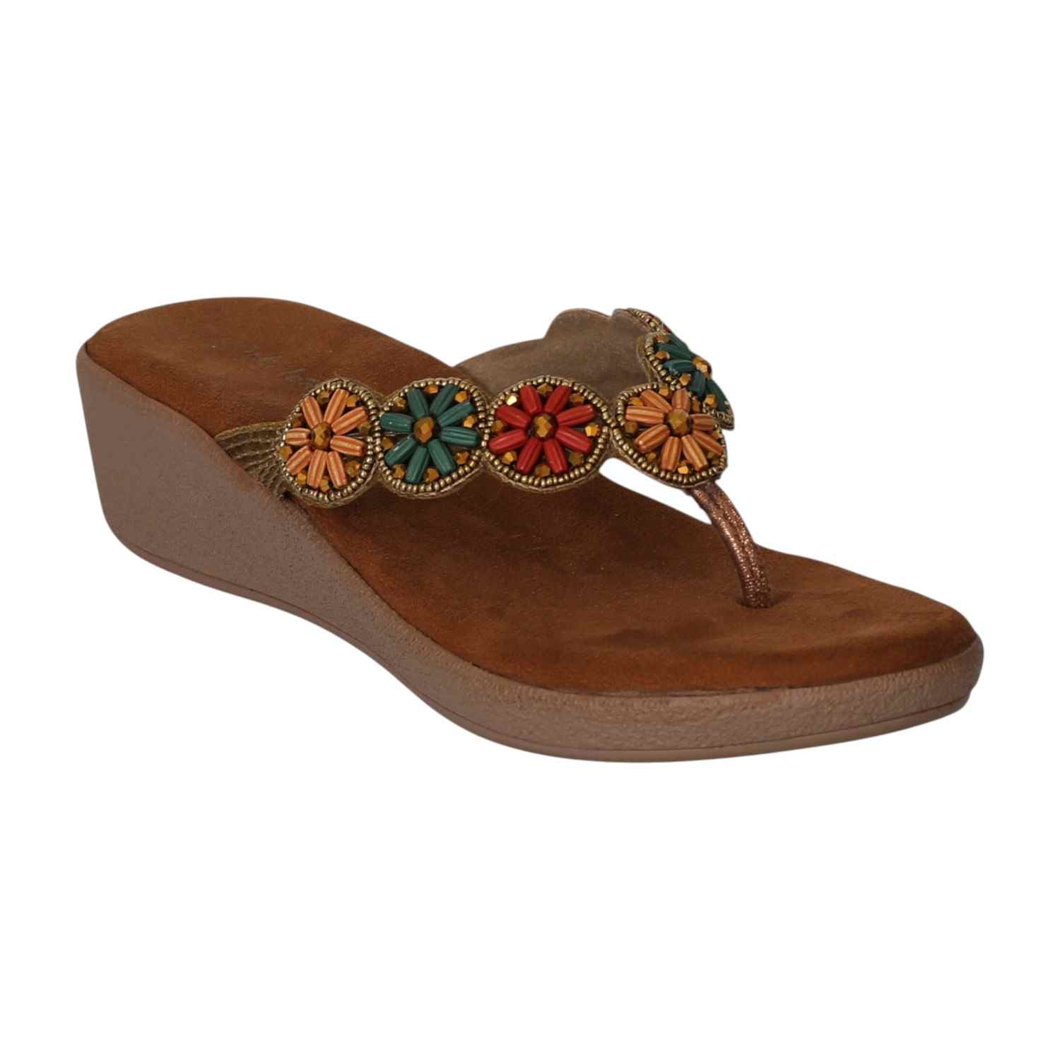 Women Brown Floral Beaded Wedges