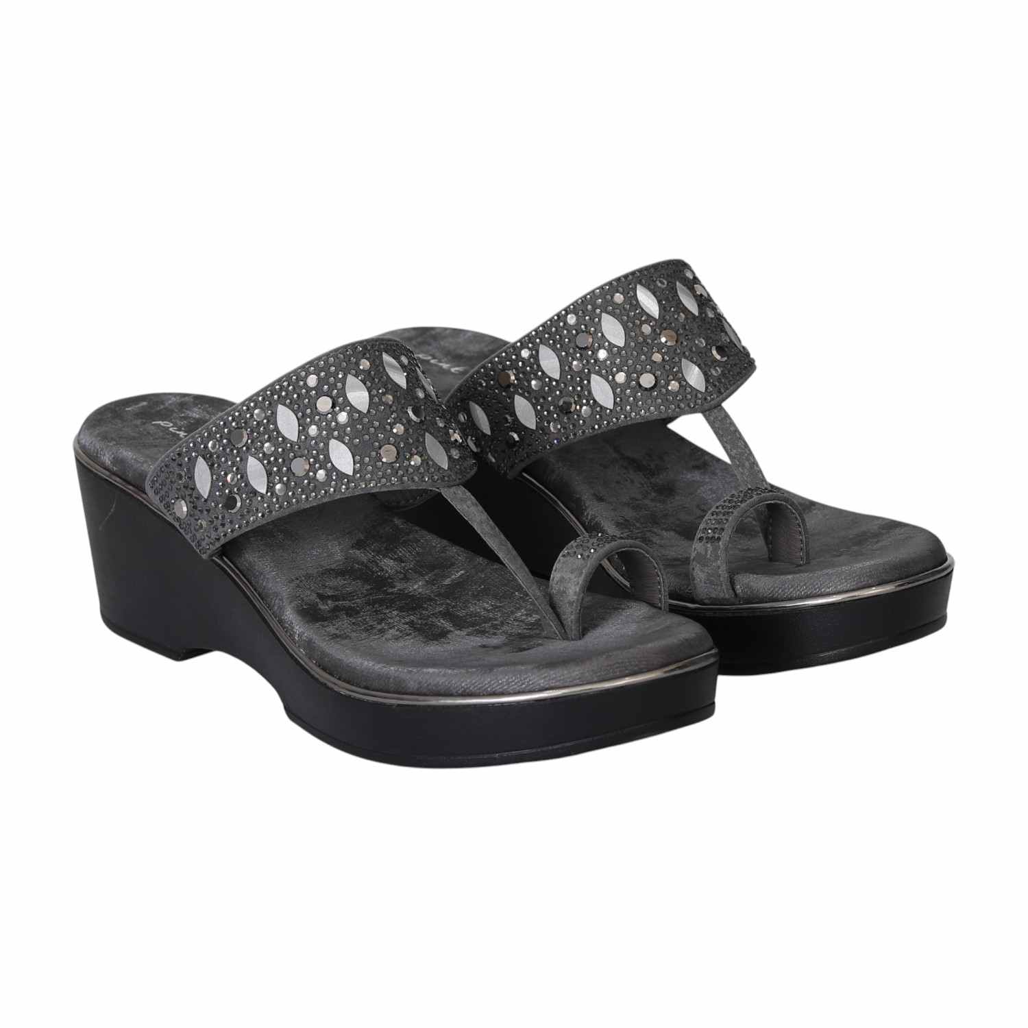 Dark Grey Gleam Wedge Thongs for Women