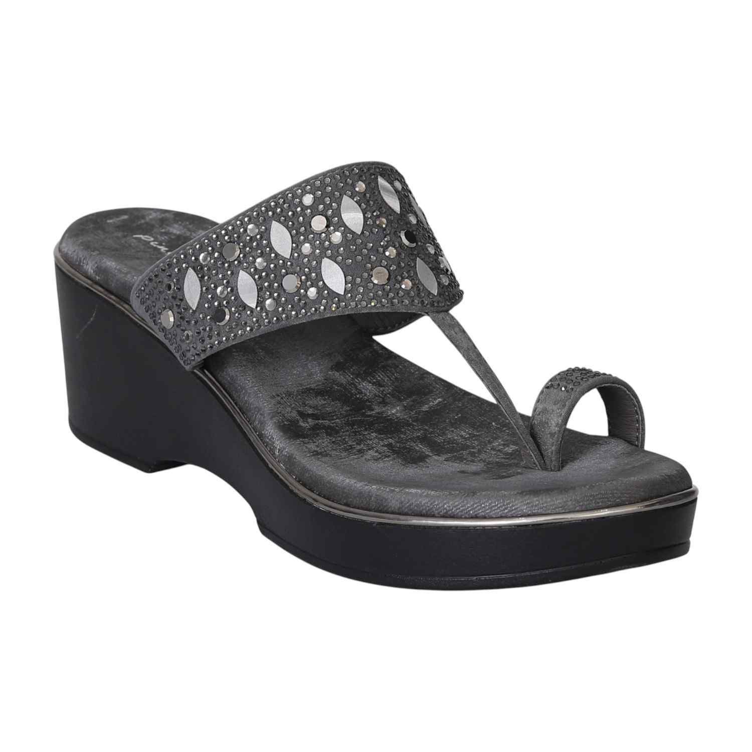 Dark Grey Gleam Wedge Thongs for Women