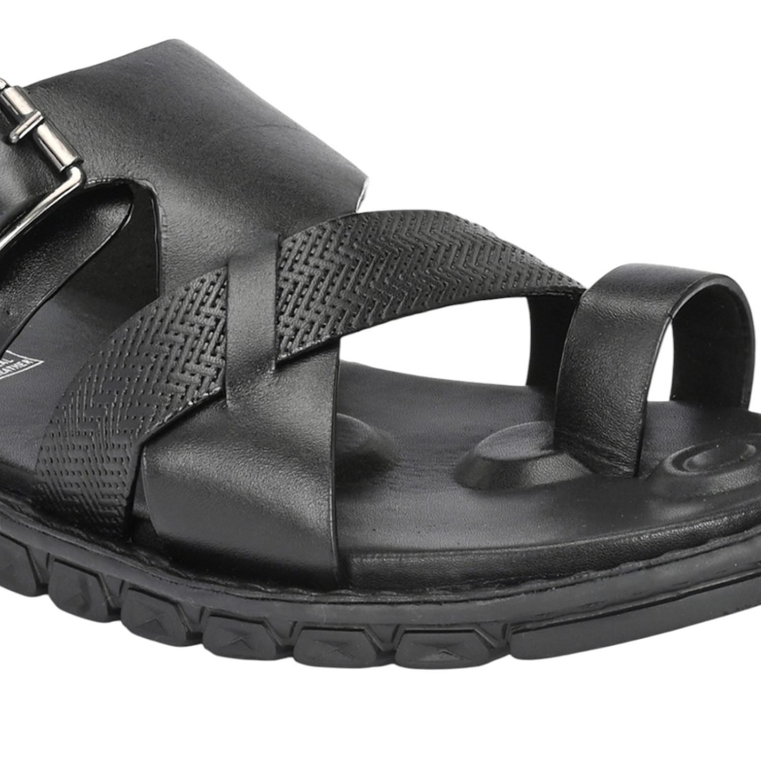 Men Black Leather Strappy Sandal with Buckle and Toe Loop