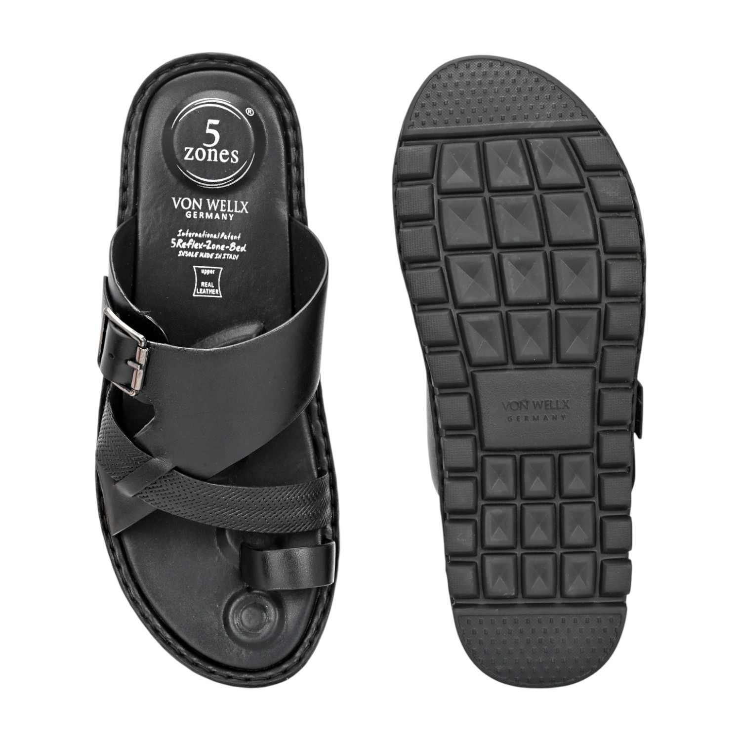 Men Black Leather Strappy Sandal with Buckle and Toe Loop