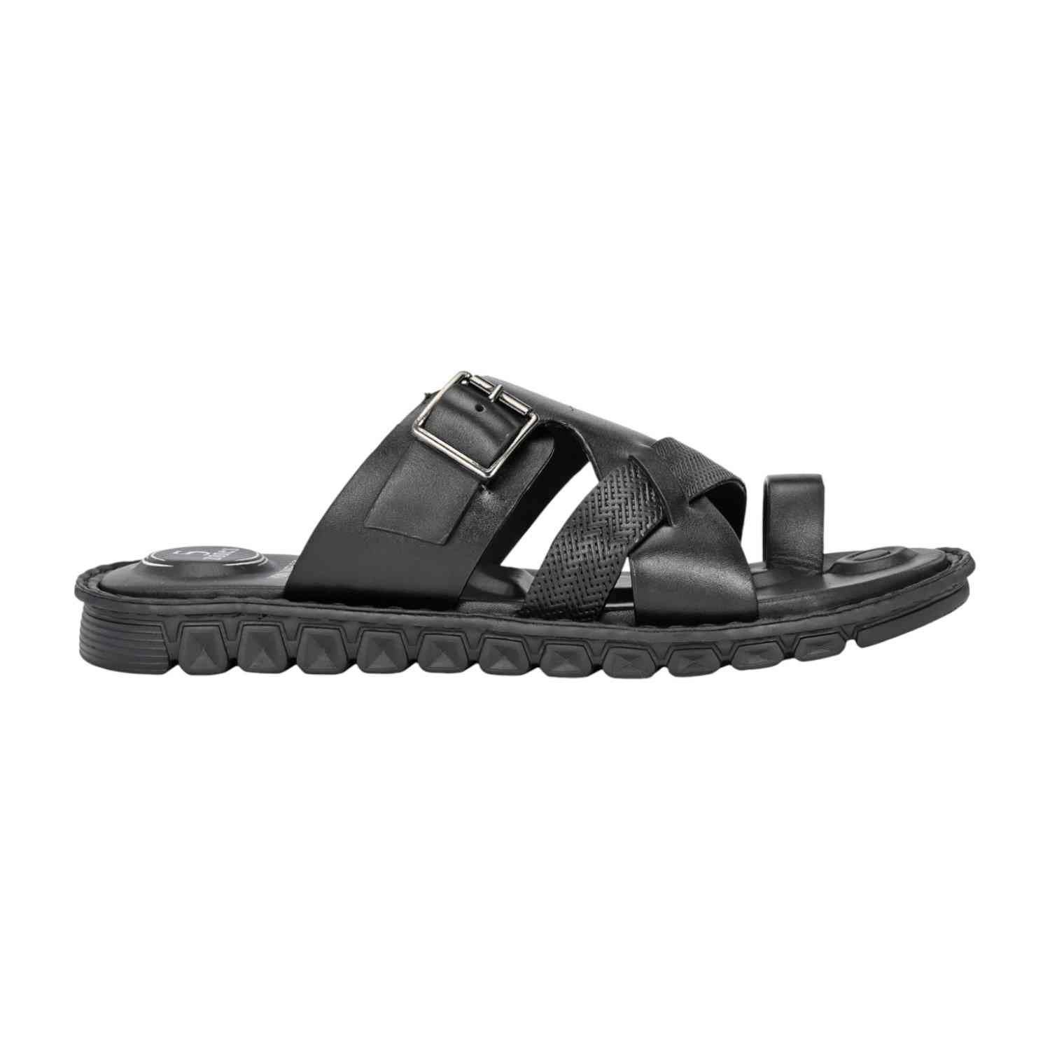 Men Black Leather Strappy Sandal with Buckle and Toe Loop