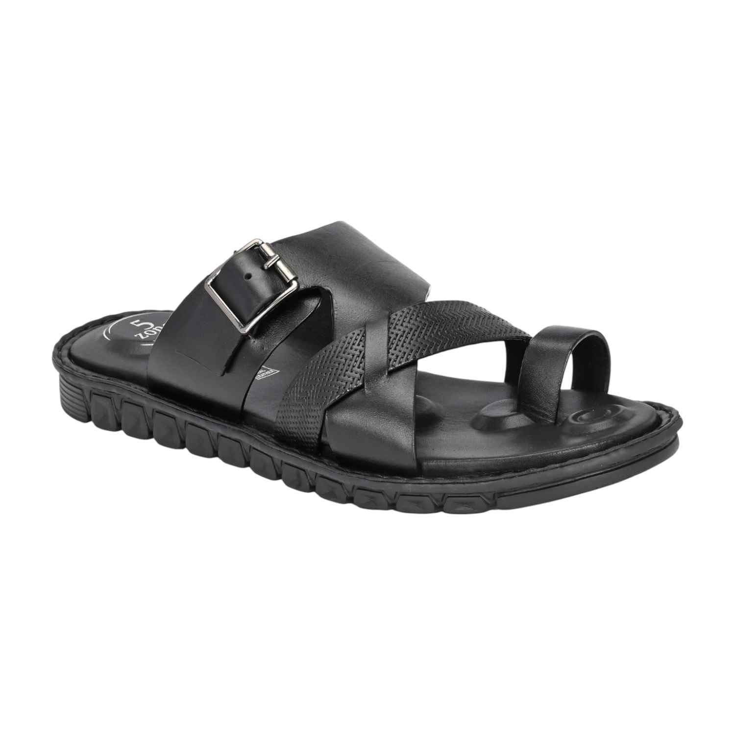 Men Black Leather Strappy Sandal with Buckle and Toe Loop