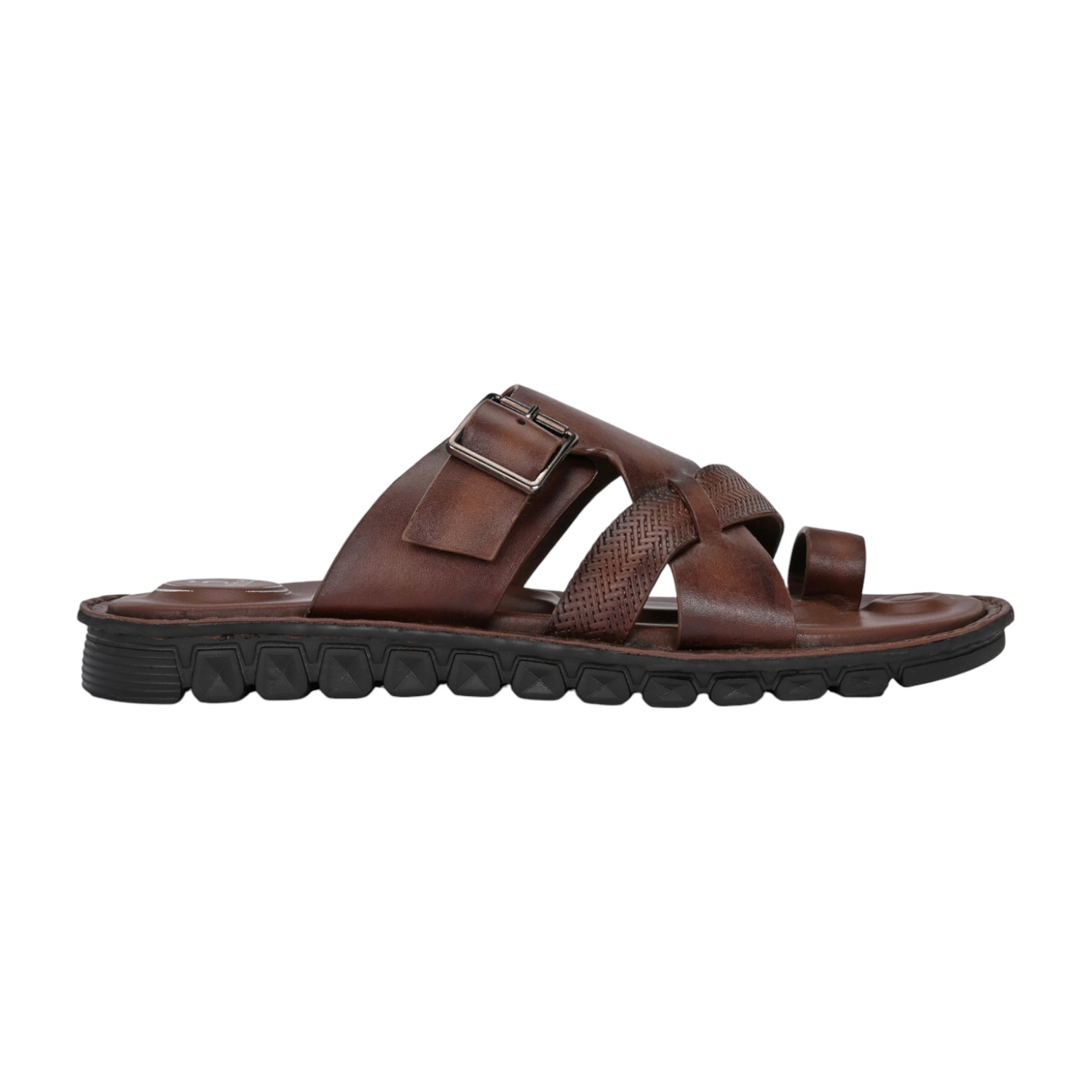 Men Brown Leather Strappy Sandal with Buckle and Toe Loop
