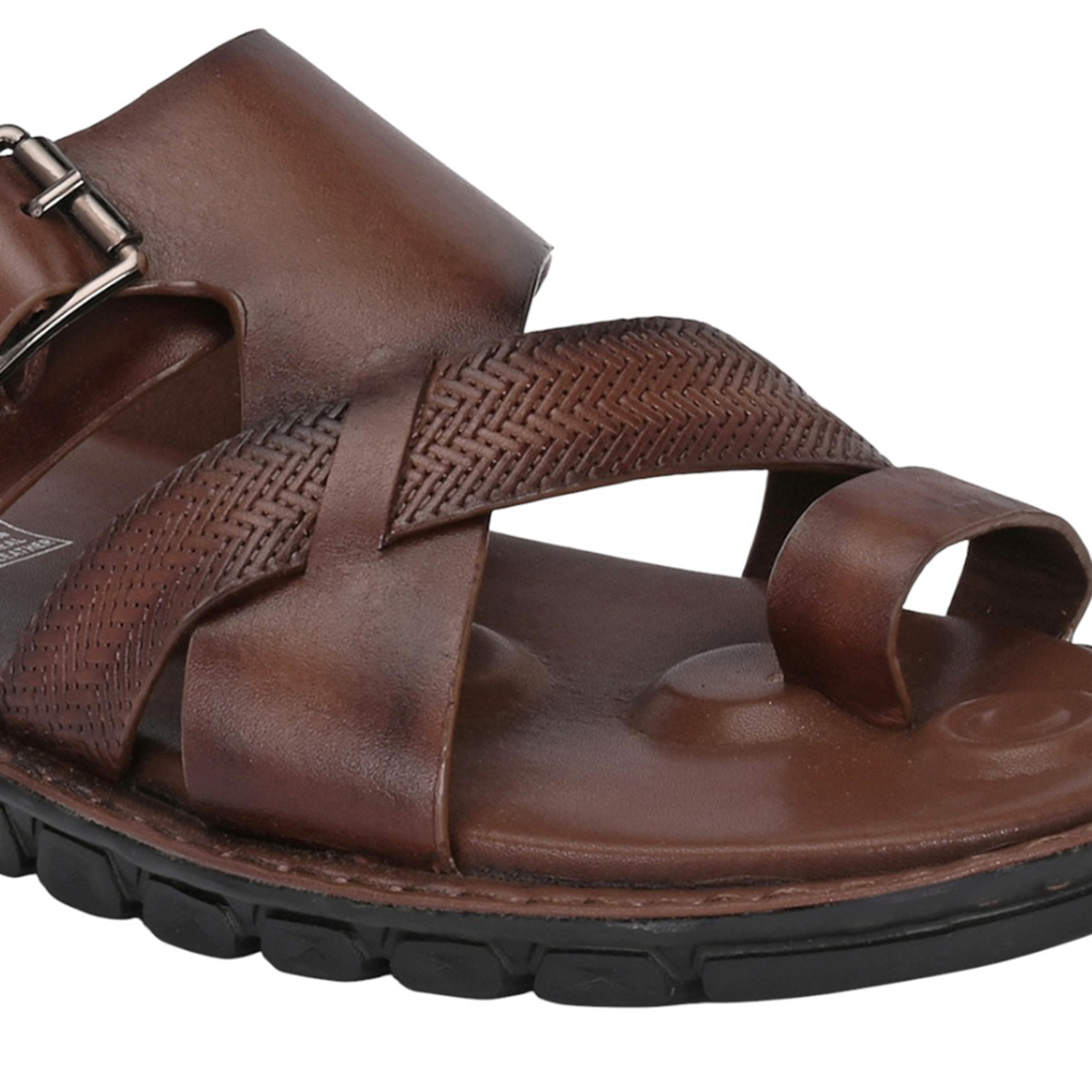 Men Brown Leather Strappy Sandal with Buckle and Toe Loop