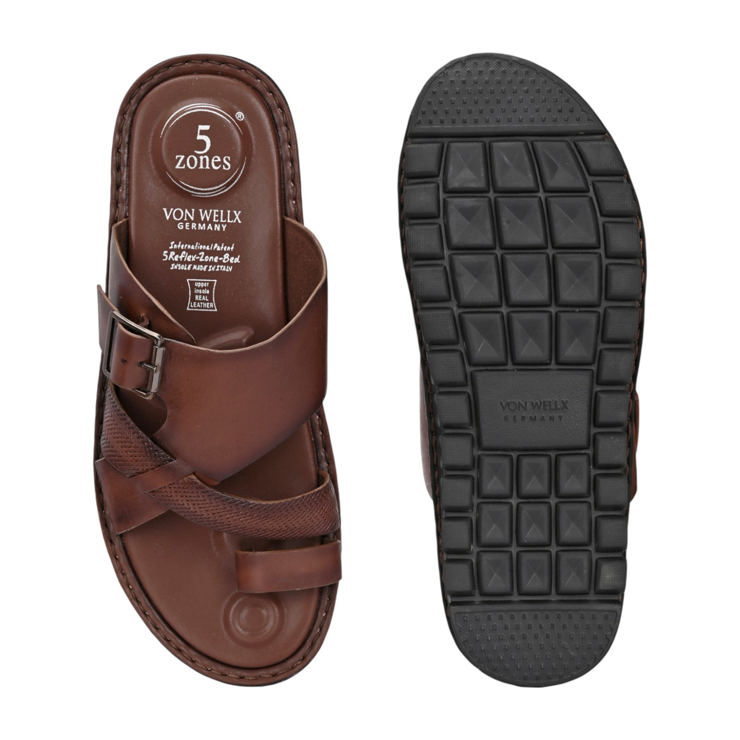 Men Brown Leather Strappy Sandal with Buckle and Toe Loop