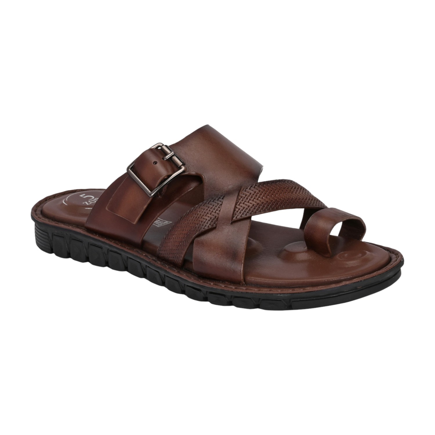 Men Brown Leather Strappy Sandal with Buckle and Toe Loop