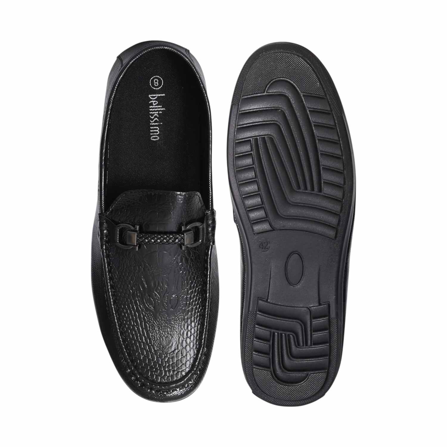 Men Black Textured Leather Loafers with Metal Bit Accent