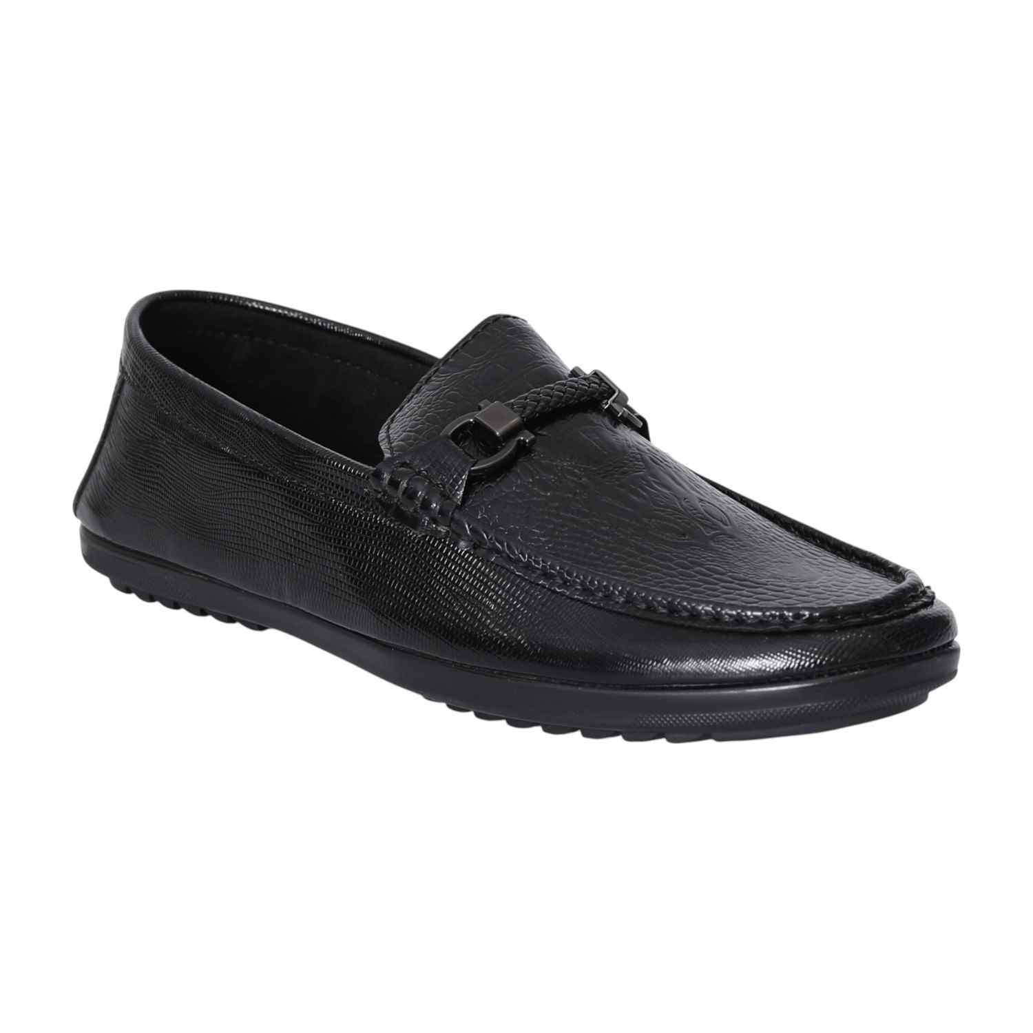 Men Black Textured Leather Loafers with Metal Bit Accent