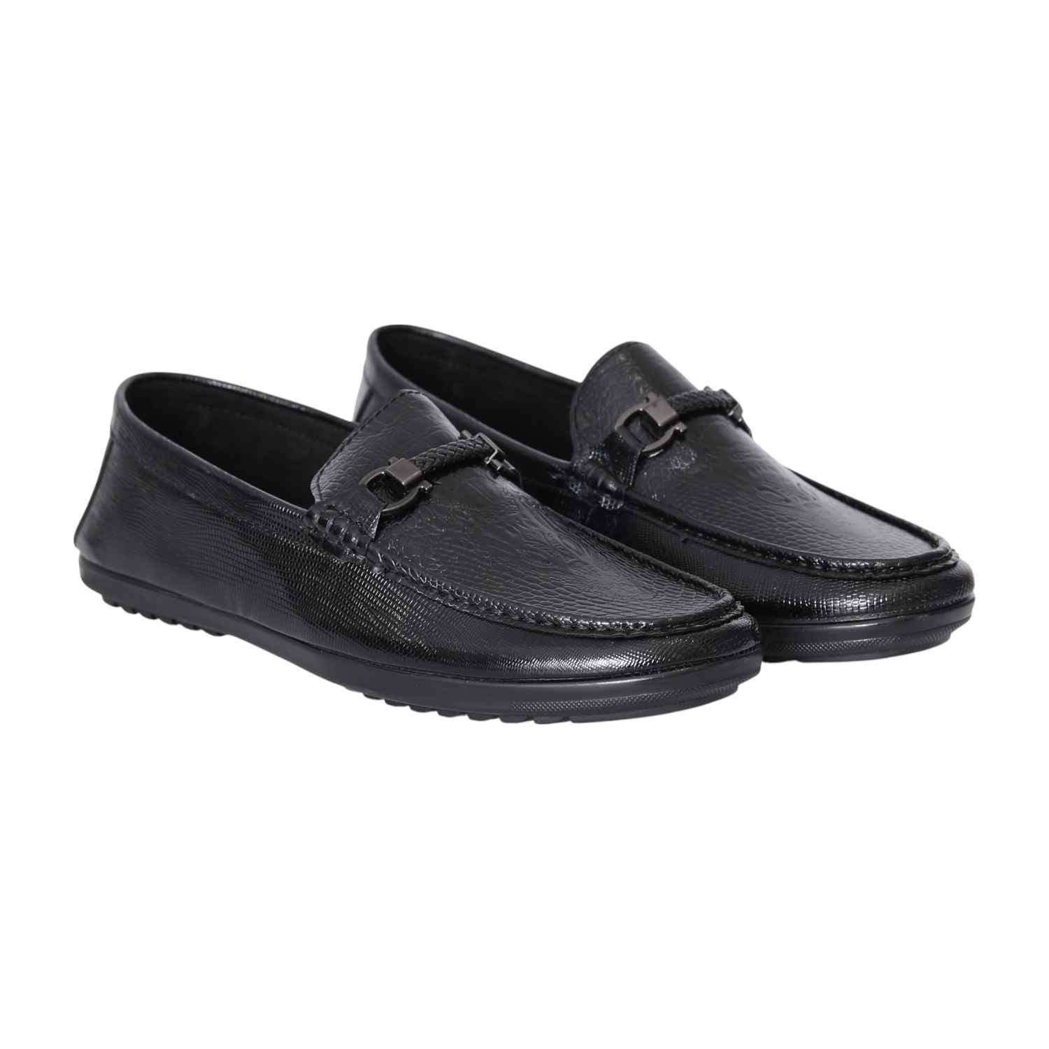 Men Black Textured Leather Loafers with Metal Bit Accent