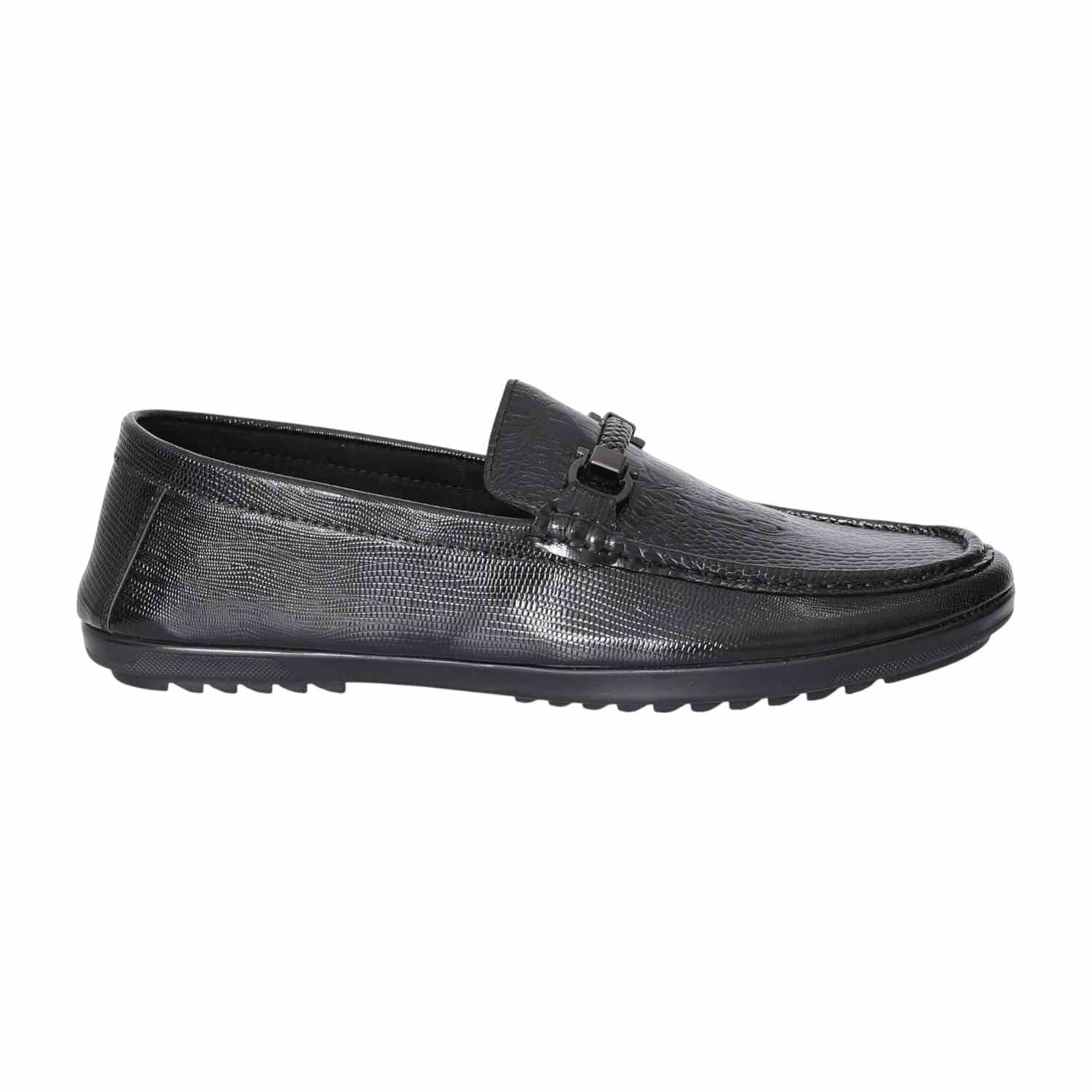 Men Black Textured Leather Loafers with Metal Bit Accent
