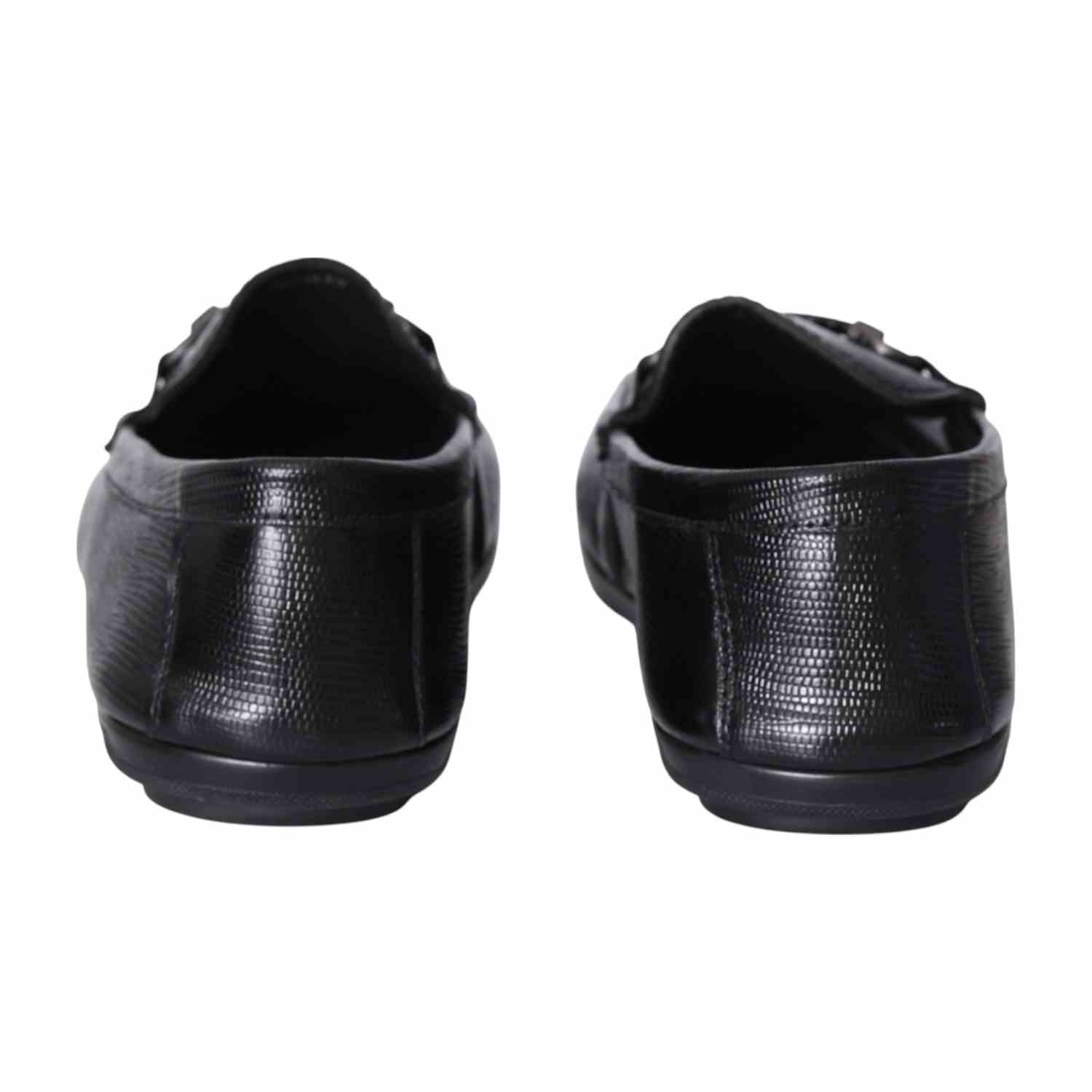 Men Black Textured Leather Loafers with Metal Bit Accent
