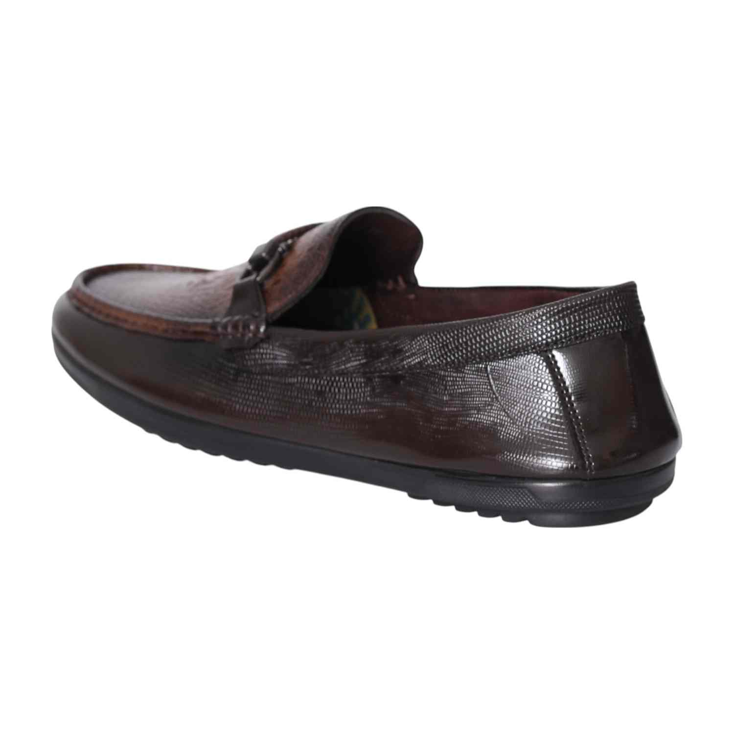 Men Brown Textured Leather Loafers with Metal Bit Accent