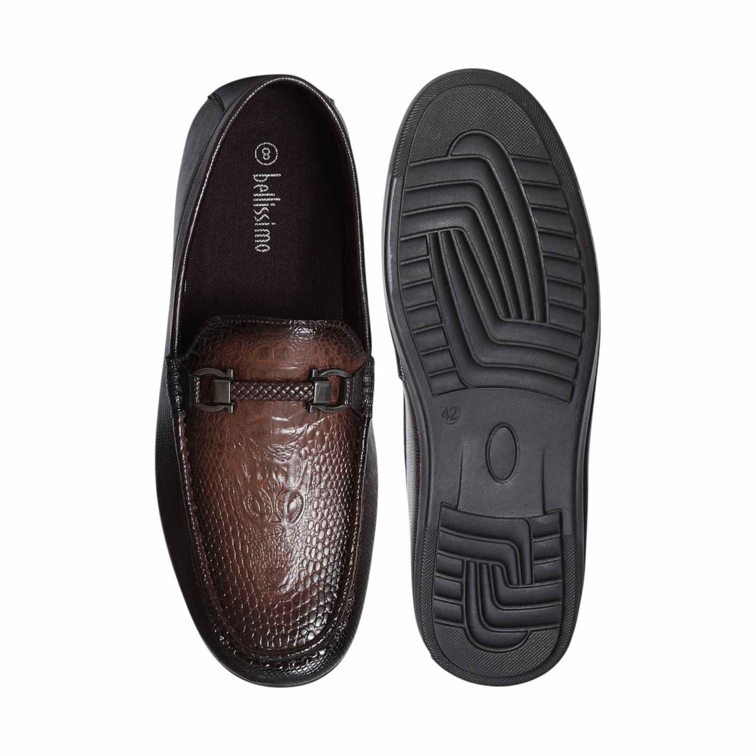 Men Brown Textured Leather Loafers with Metal Bit Accent