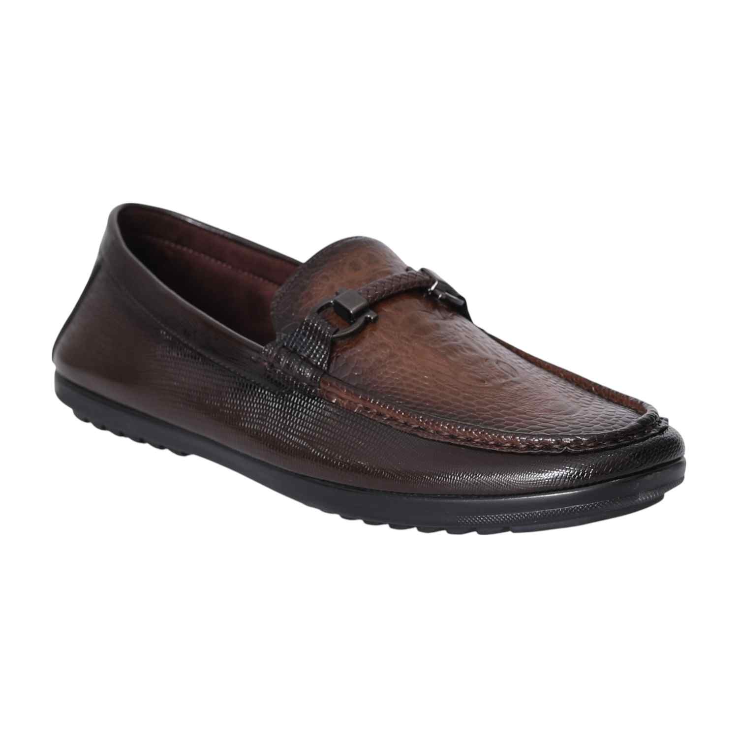 Men Brown Textured Leather Loafers with Metal Bit Accent