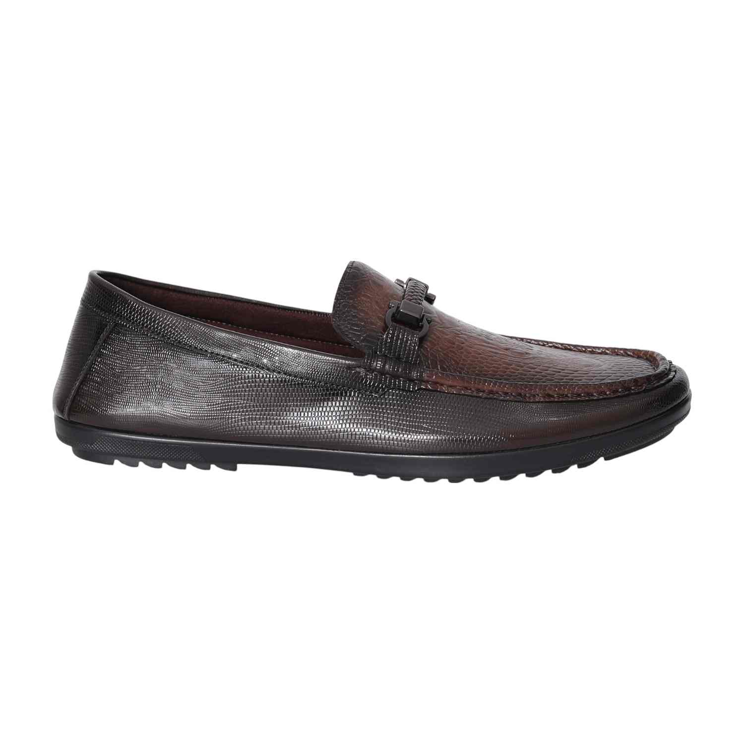 Men Brown Textured Leather Loafers with Metal Bit Accent