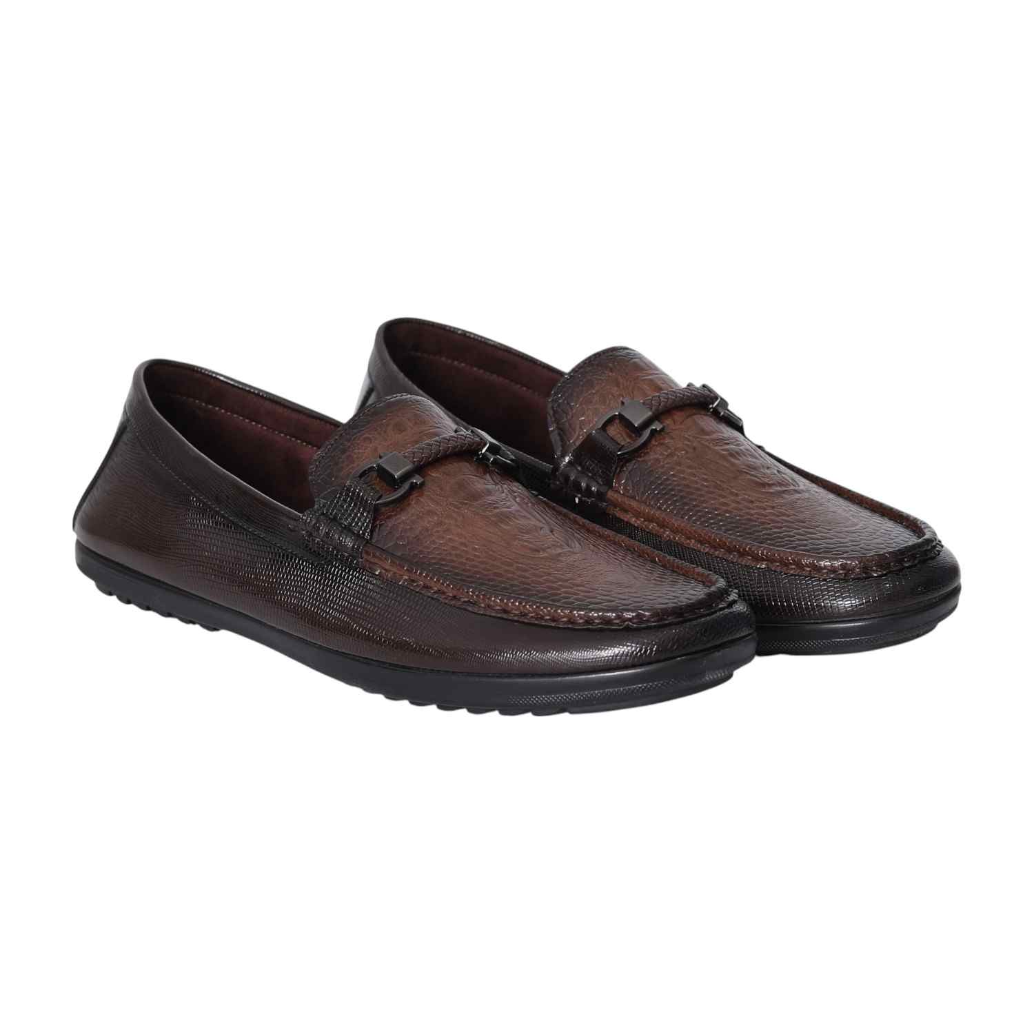 Men Brown Textured Leather Loafers with Metal Bit Accent