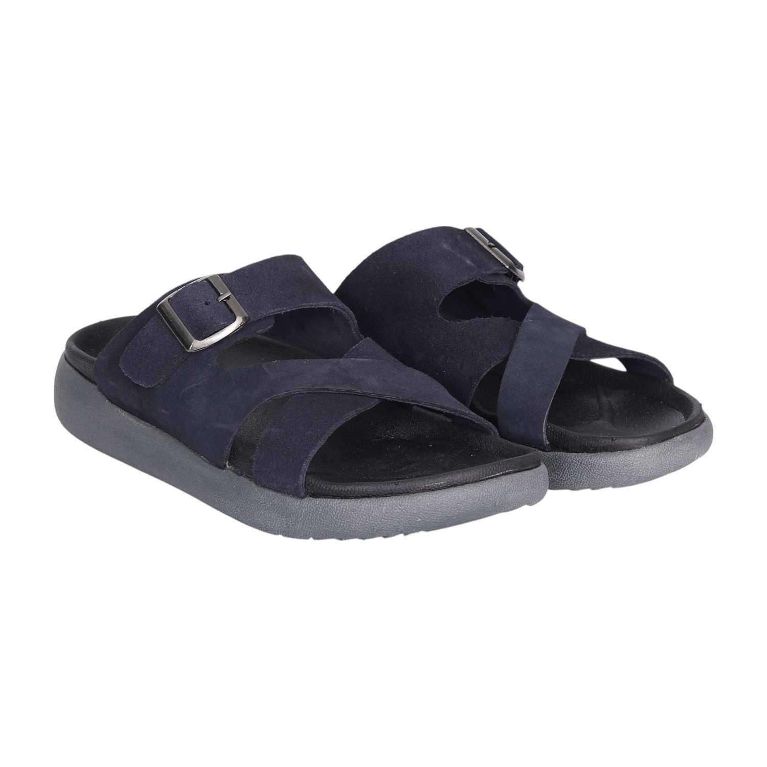 Men Navy Blue Luxe Buckle Comfort Slides