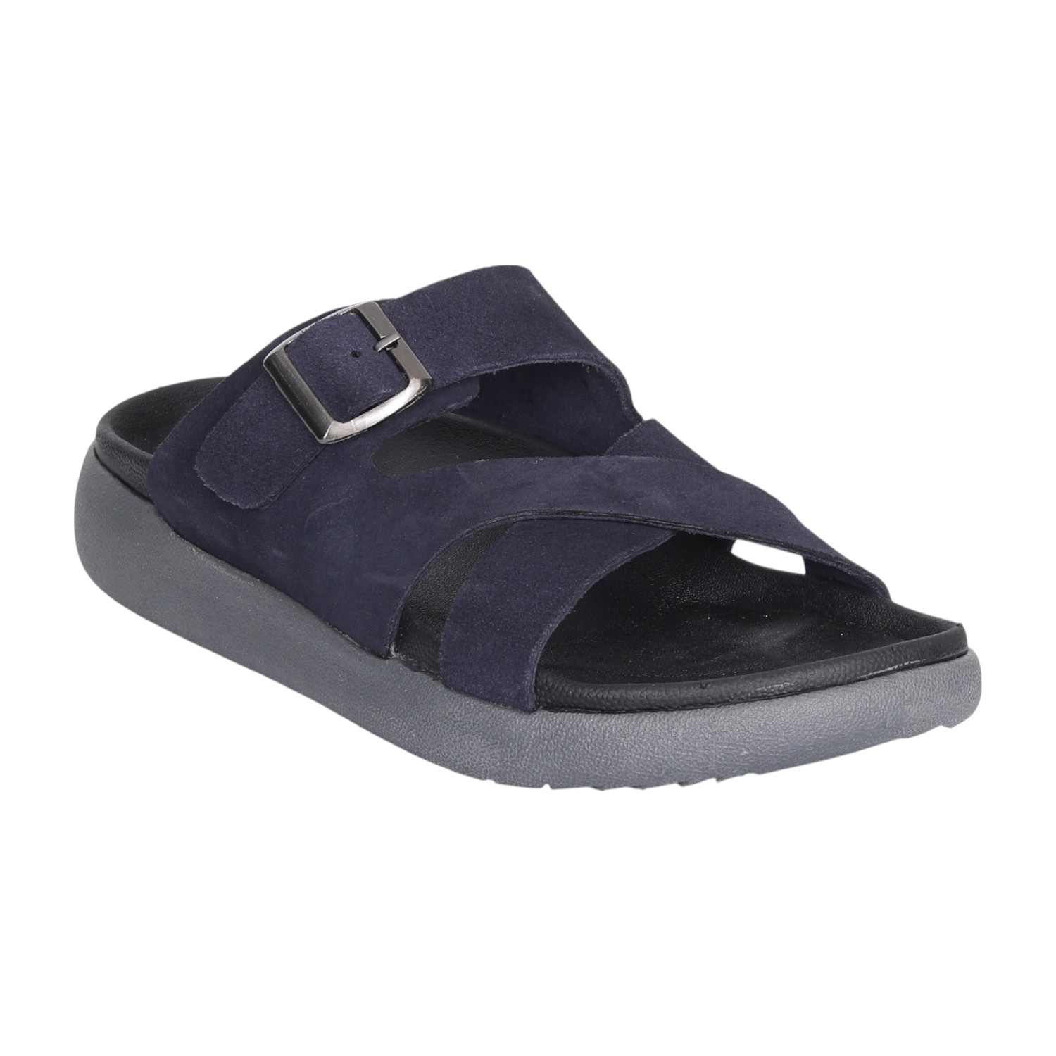 Men Navy Blue Luxe Buckle Comfort Slides