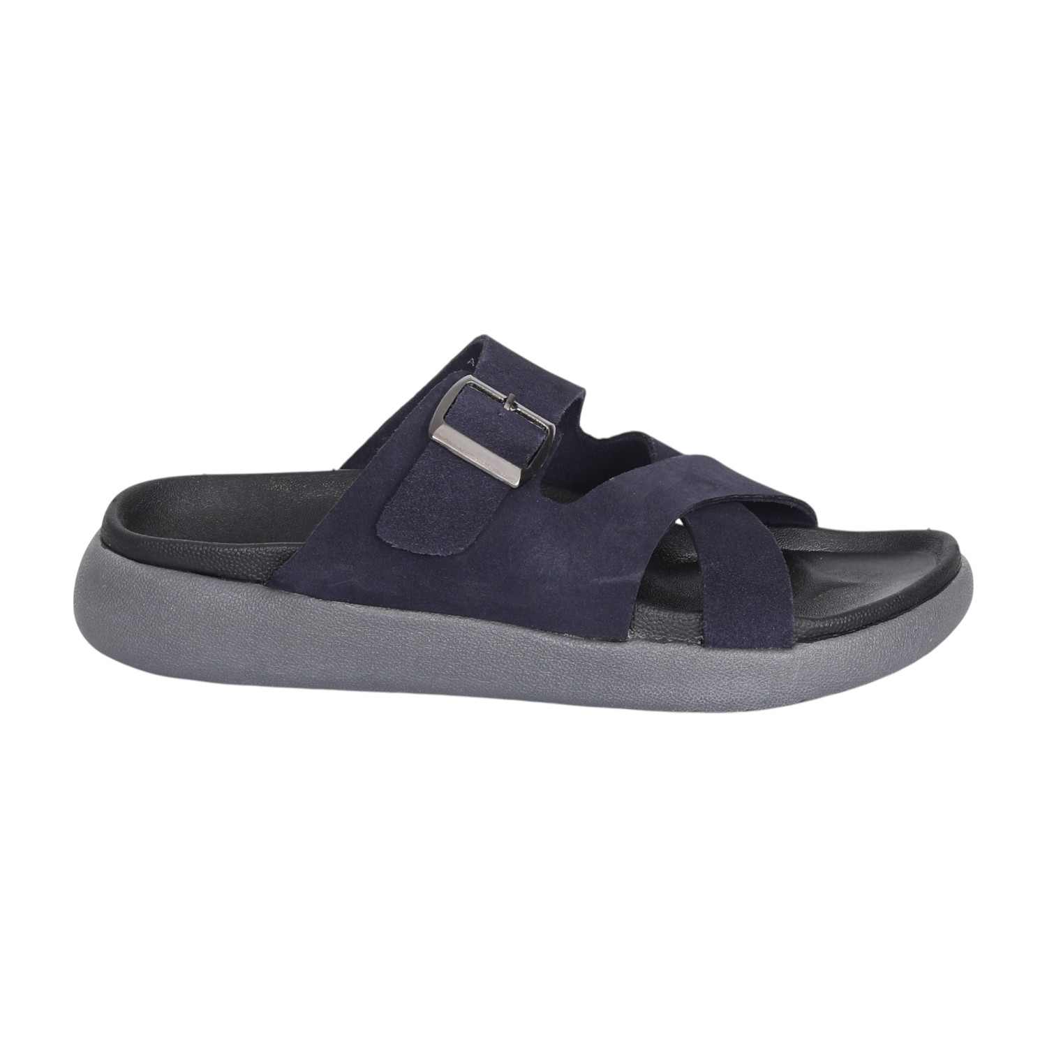Men Navy Blue Luxe Buckle Comfort Slides