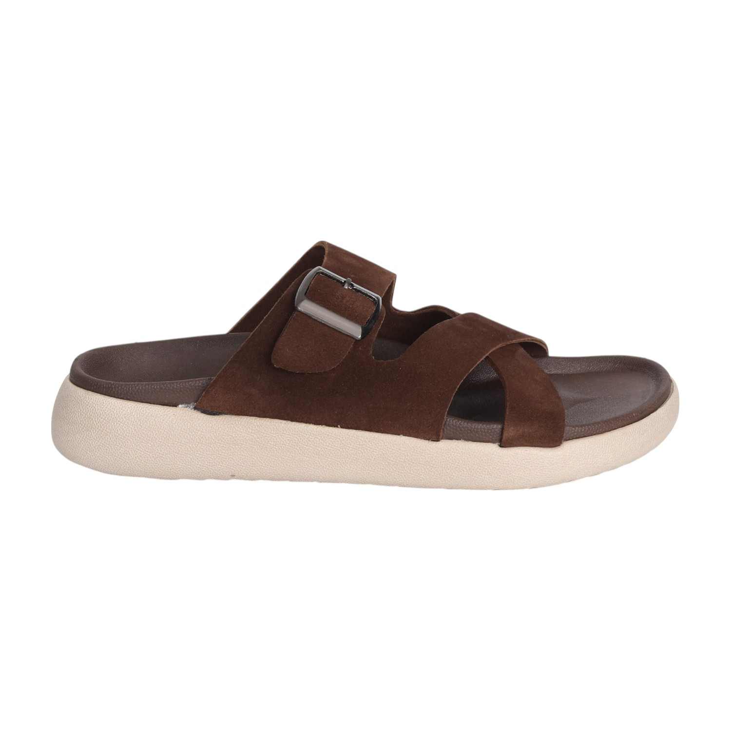 Men Earth-Toned Buckle Comfort Slides