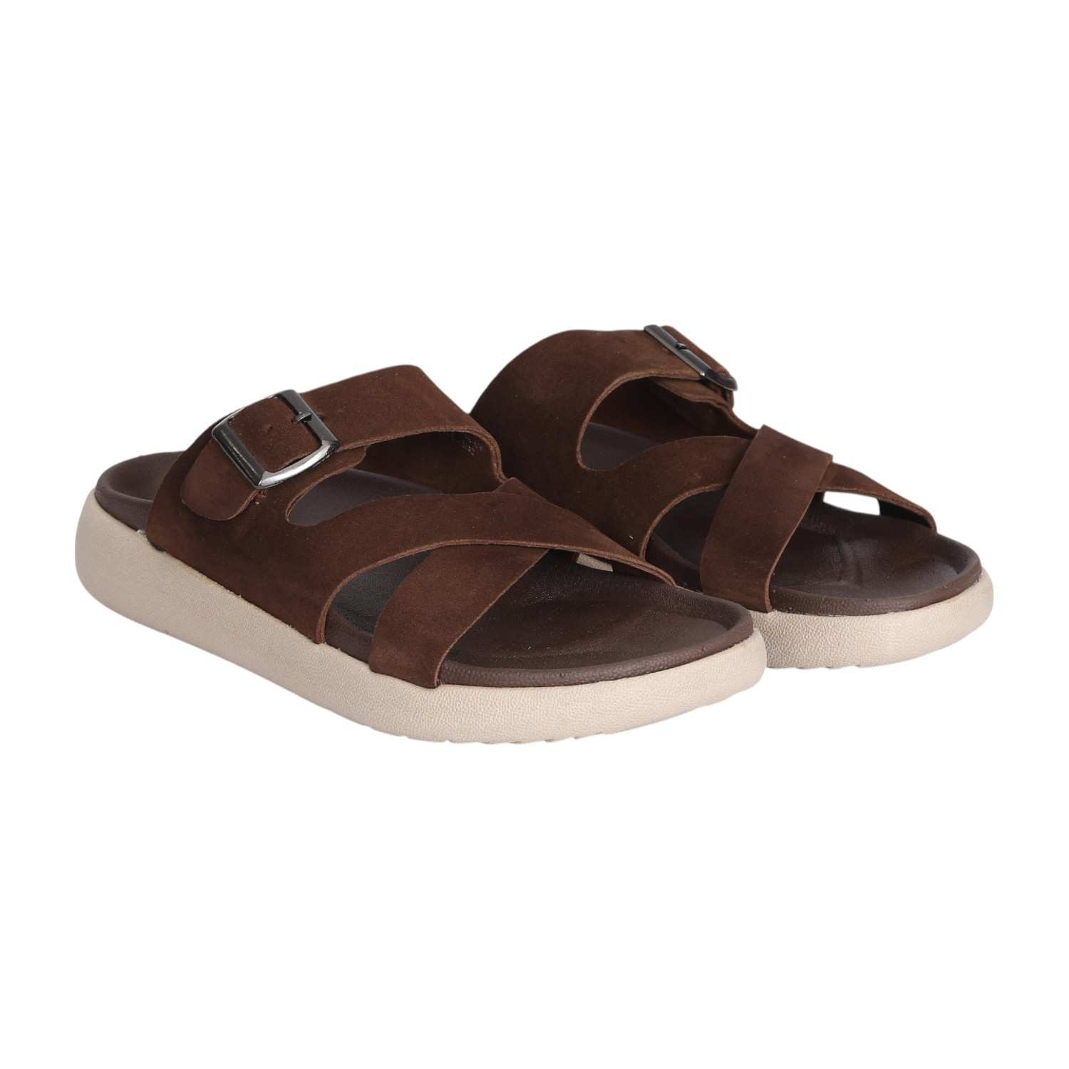 Men Earth-Toned Buckle Comfort Slides