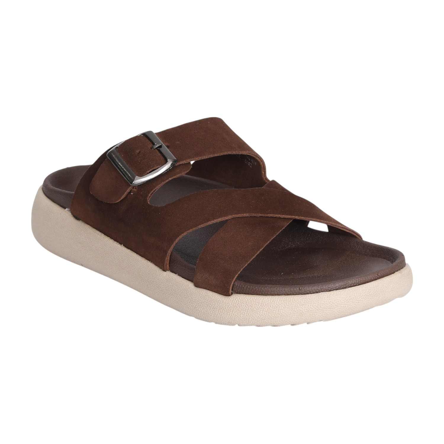 Men Earth-Toned Buckle Comfort Slides
