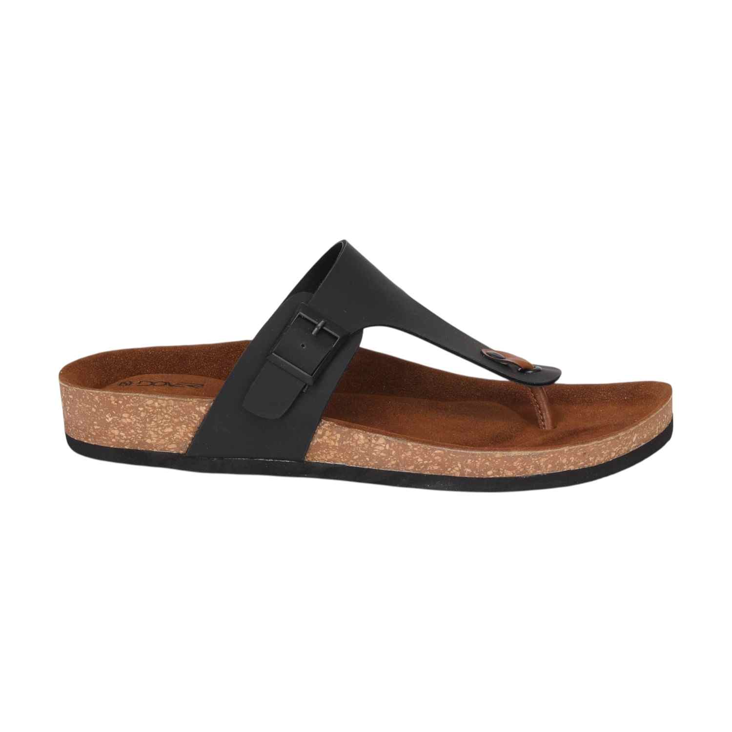 Men Black T-Strap Comfort Chappal With Buckle And Cork Footbed